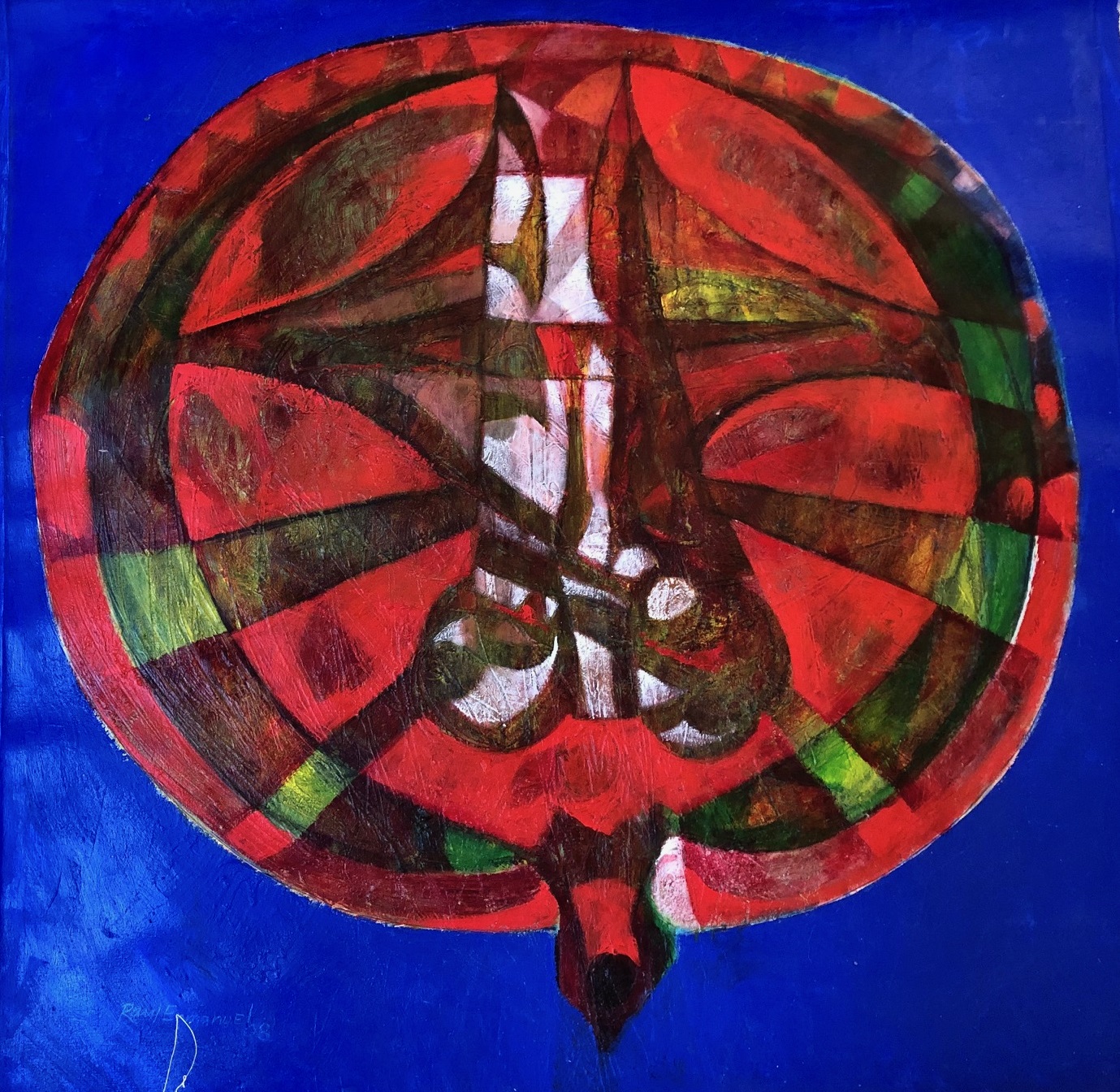 A painting of a red and green circle on a blue background.