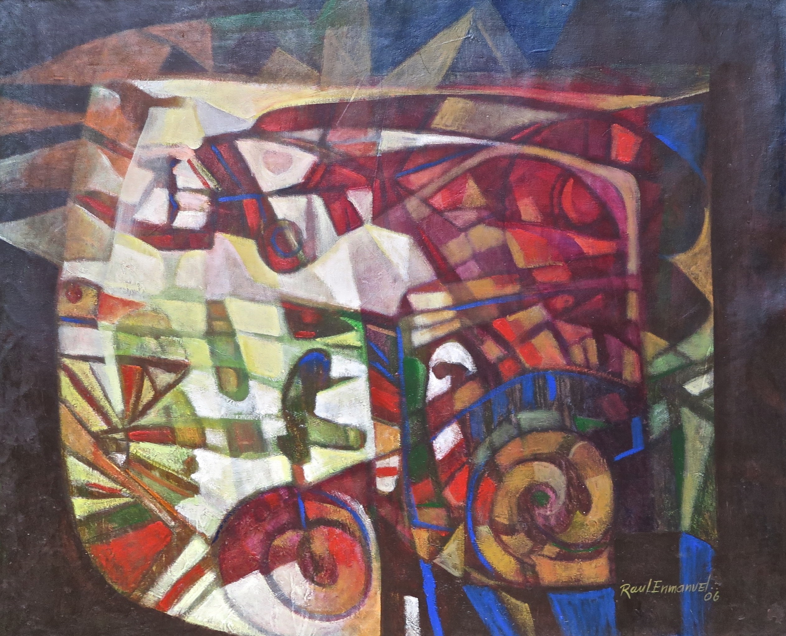 A painting of a colorful abstract painting on a black background.