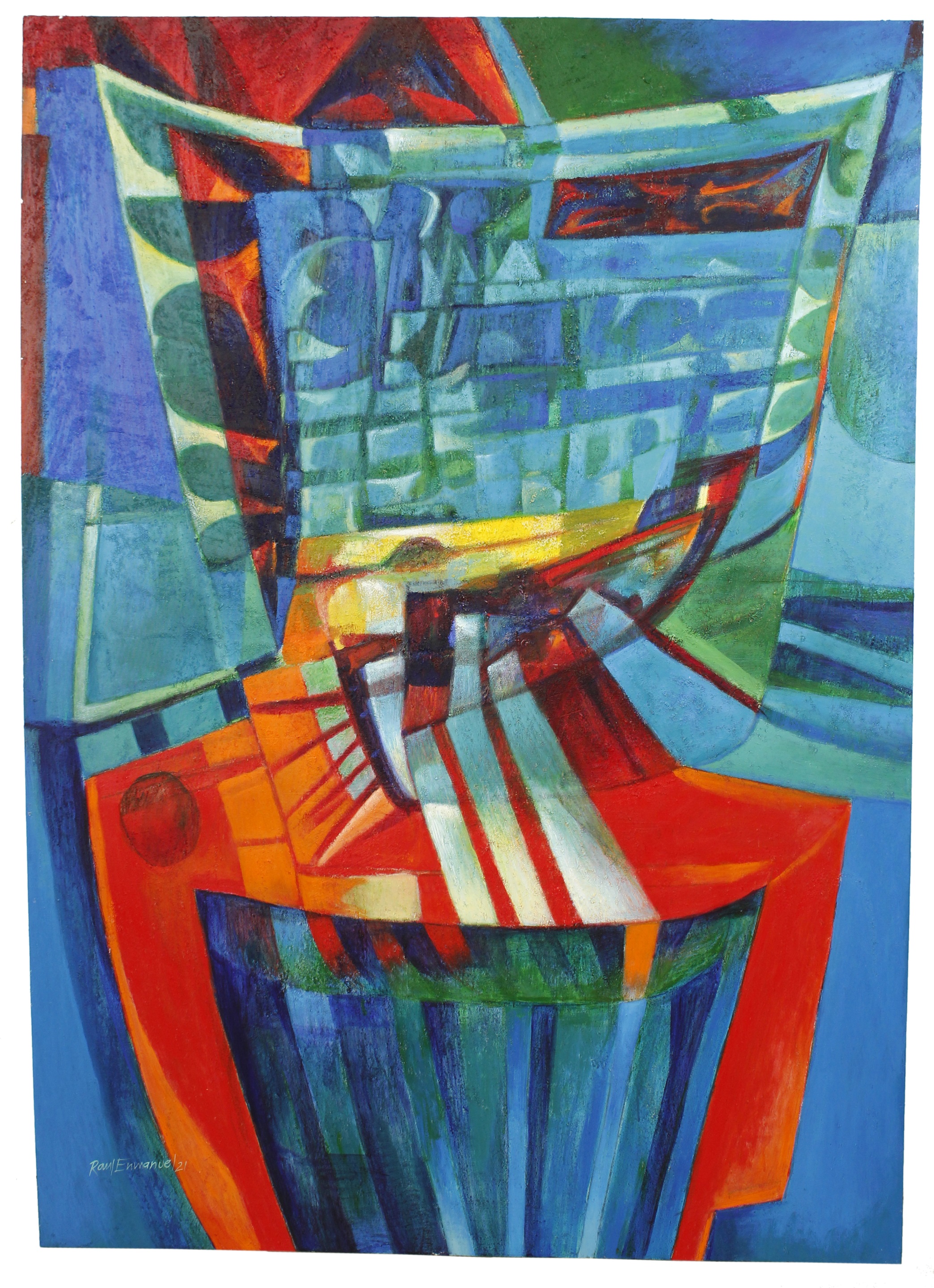 A painting of a vase on a blue background. 