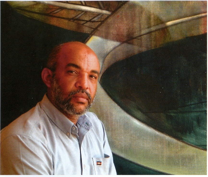 A painting of a vase on a blue background. 