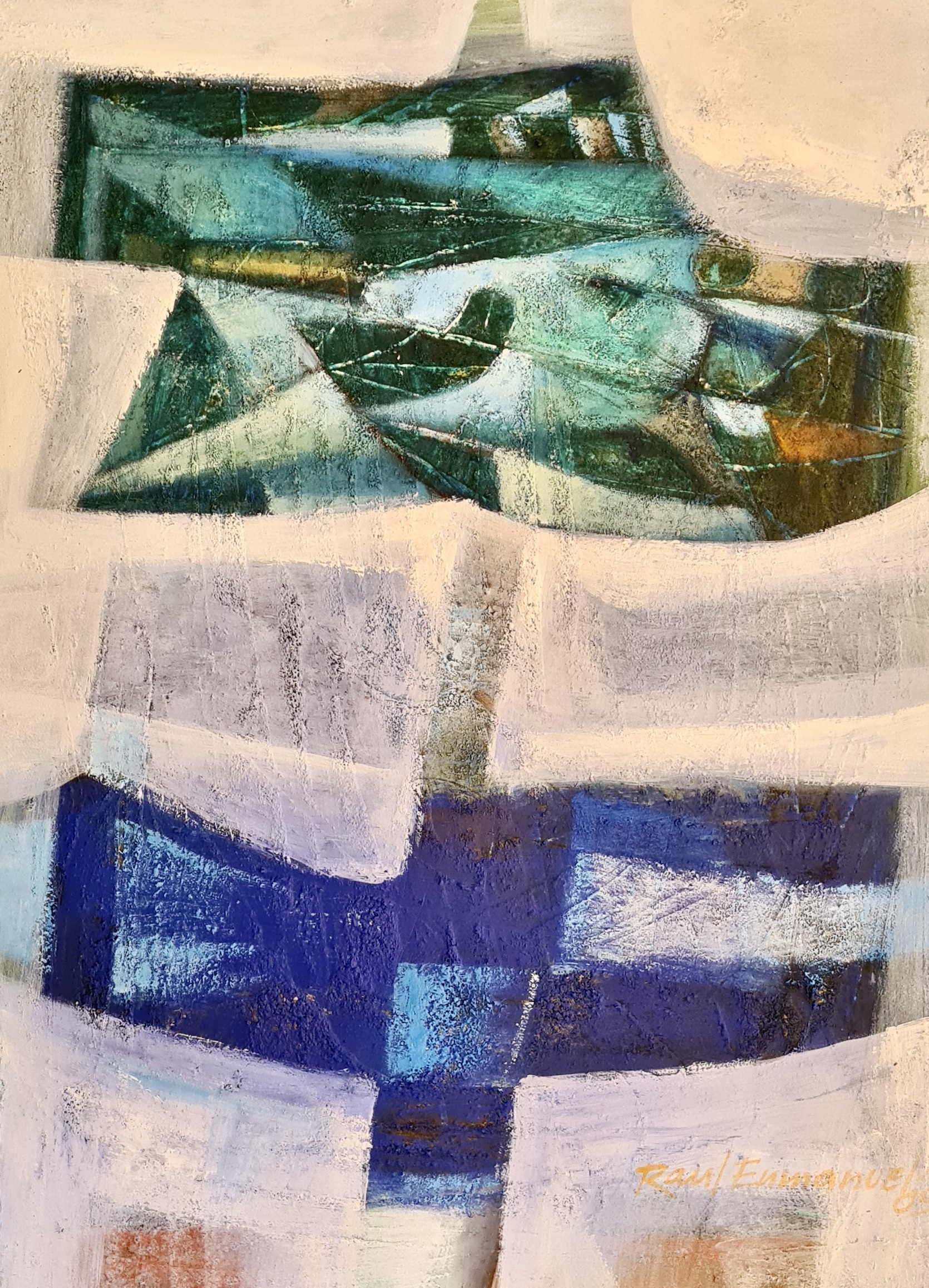 A painting of a blue and green abstract painting.