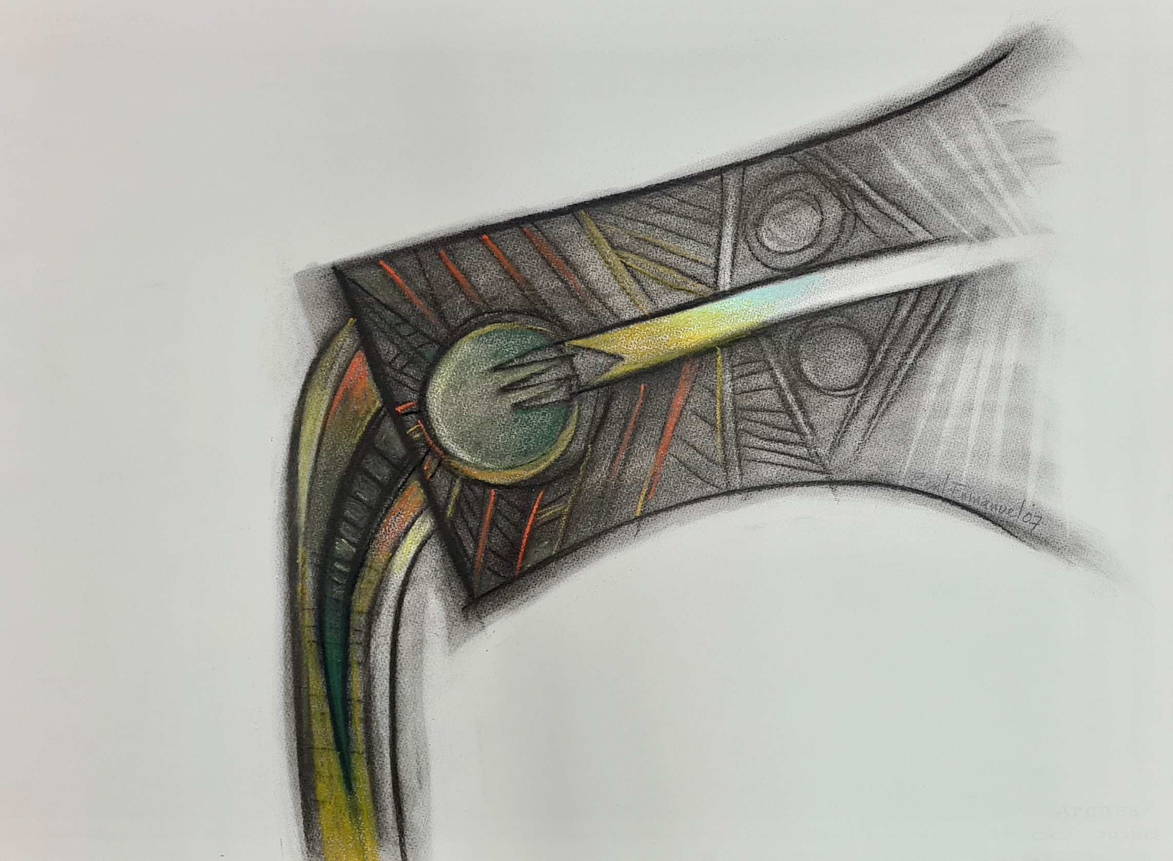 A drawing of a piece of art that is on a white surface.