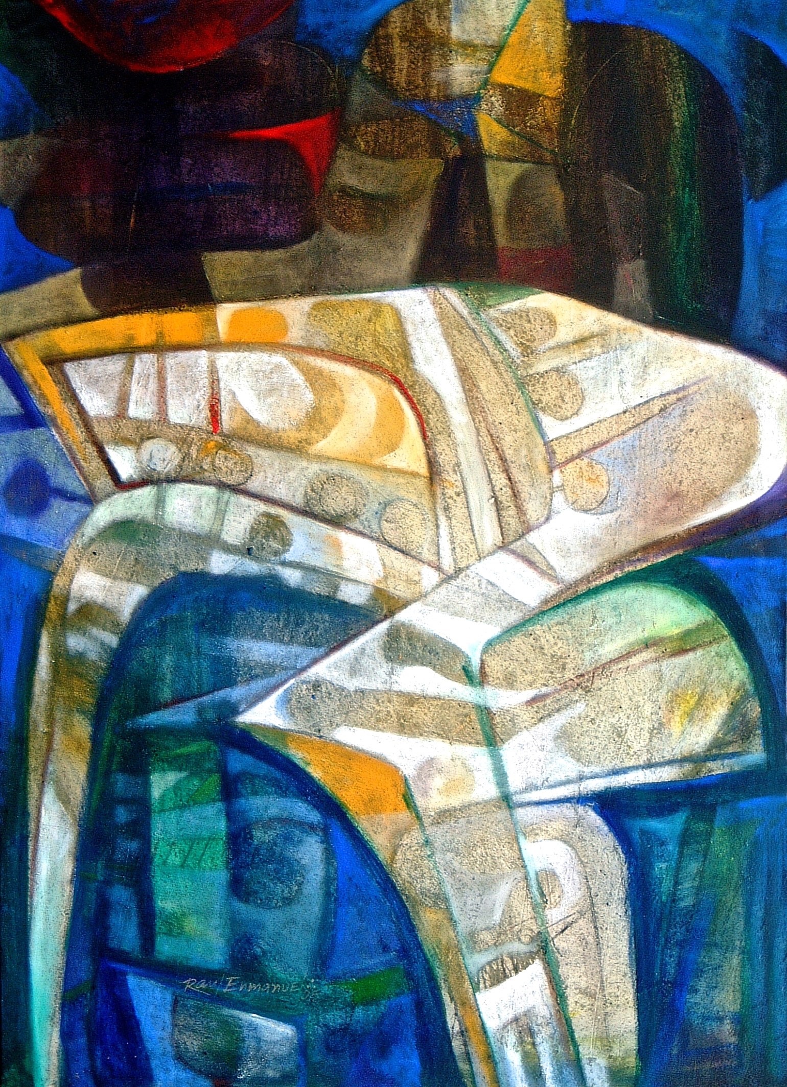 A painting of a chair with a blue background. 