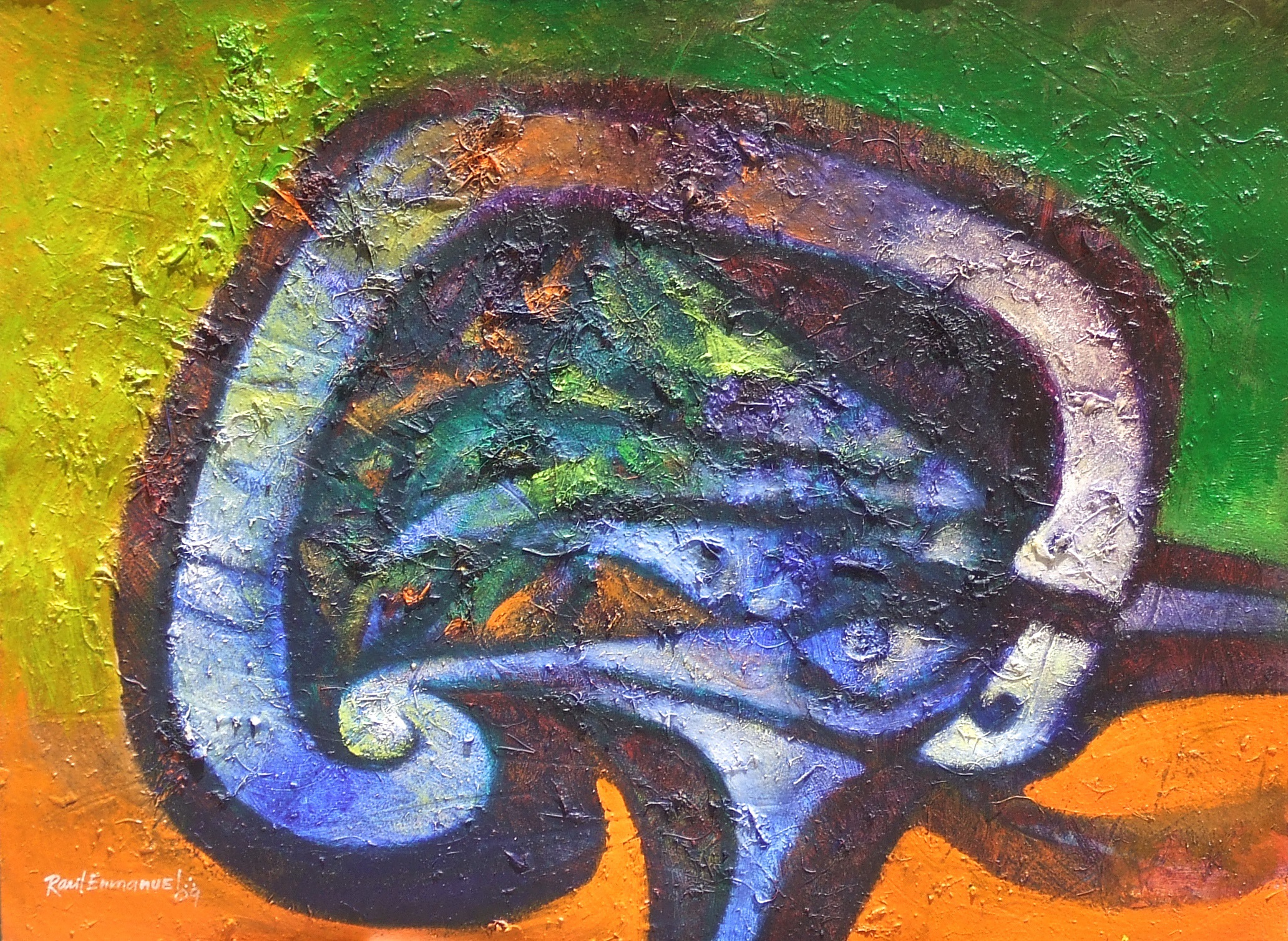 Artwork by Raul Enmanuel, Simbolo en la jungla, Made of Acrylic, Charcoal, Modeling Paste, And Natural Fibers, On 140 Lb. Arches Aquarelle Paper, With Deckled Edges 