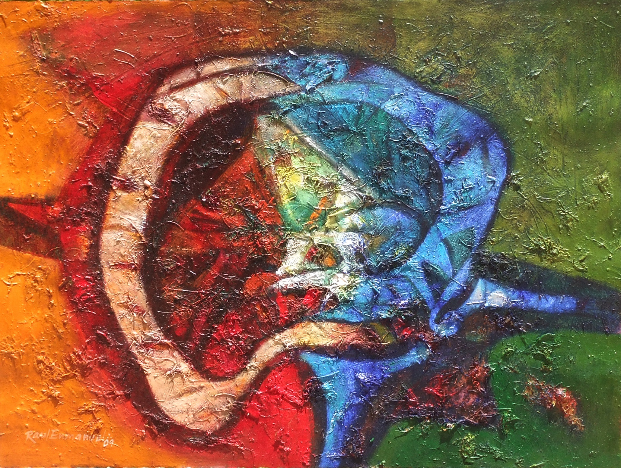 Artwork by Raul Enmanuel, Simbolo en la jungla, Made of Acrylic, Charcoal, Modeling Paste, And Natural Fibers, On 140 Lb. Arches Aquarelle Paper, With Deckled Edges 