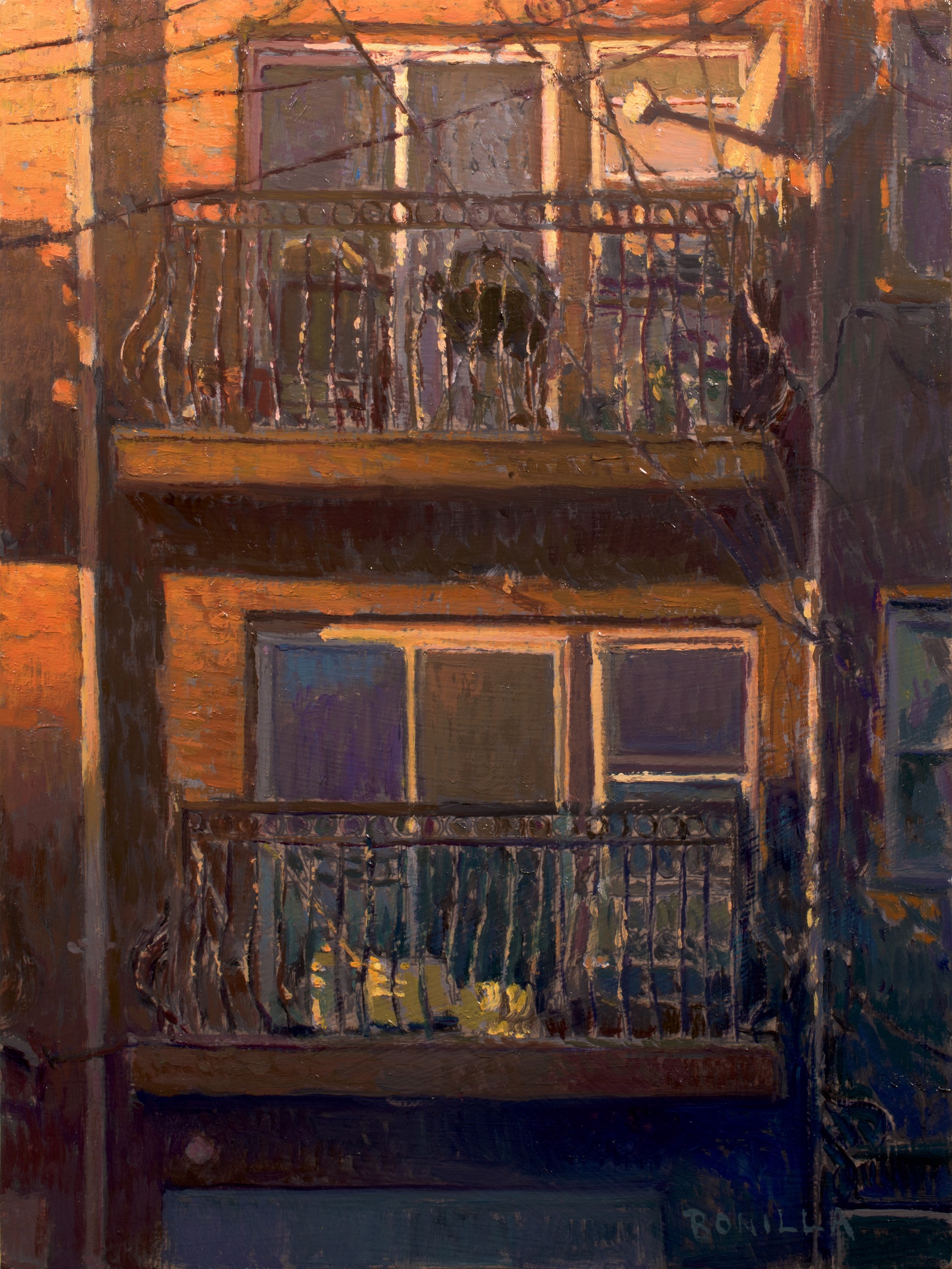 A painting of a building with a balcony and a balcony railing.