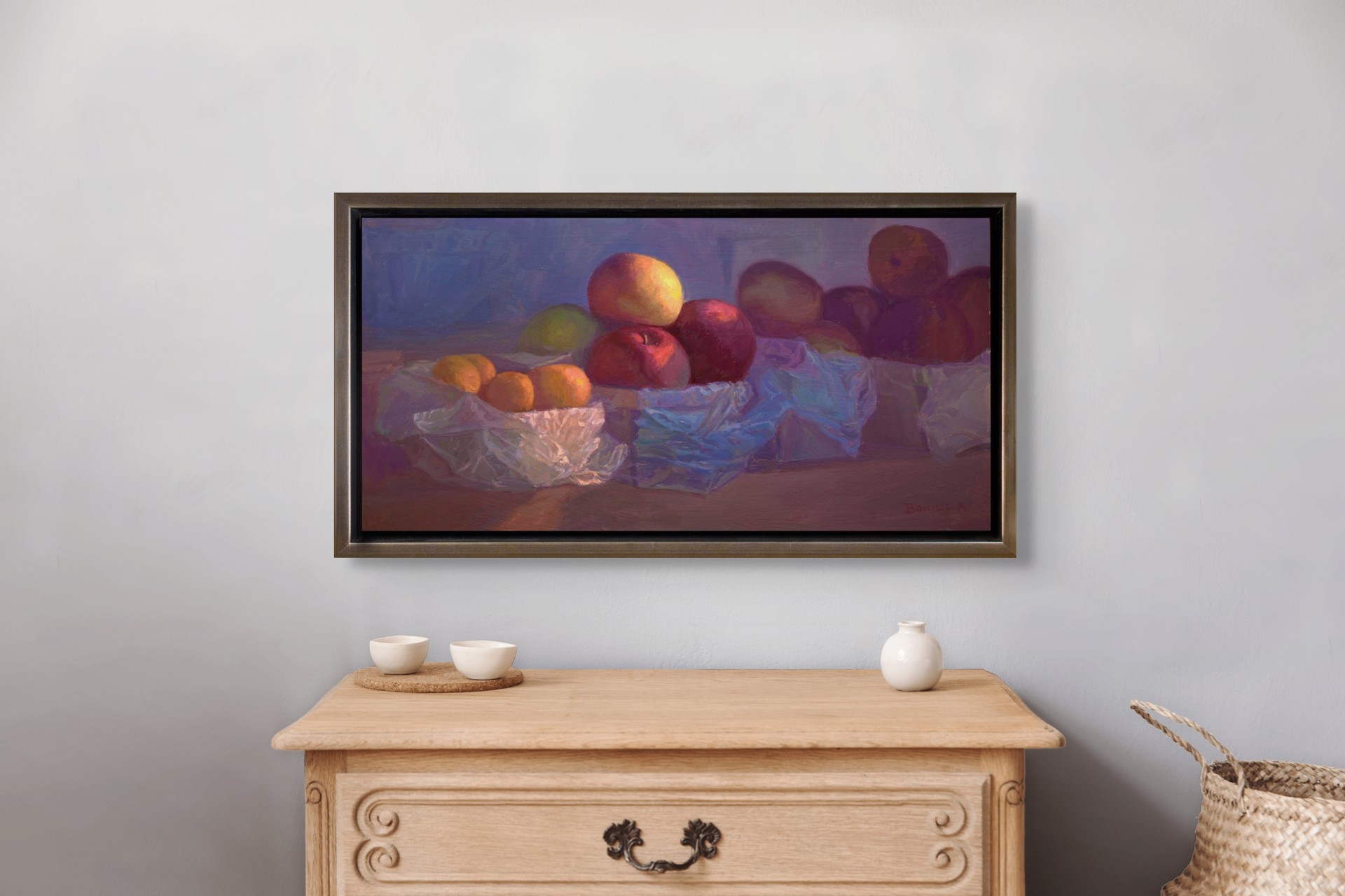 A still life painting of fruit in plastic bags on a wooden surface.