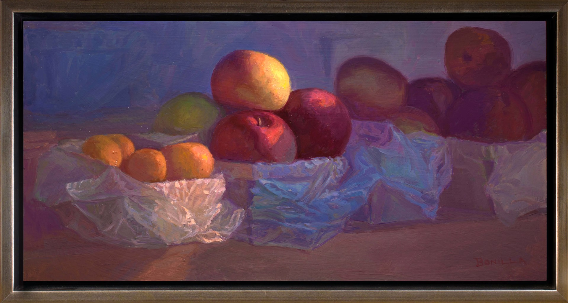 A still life painting of fruit in plastic bags on a wooden surface.