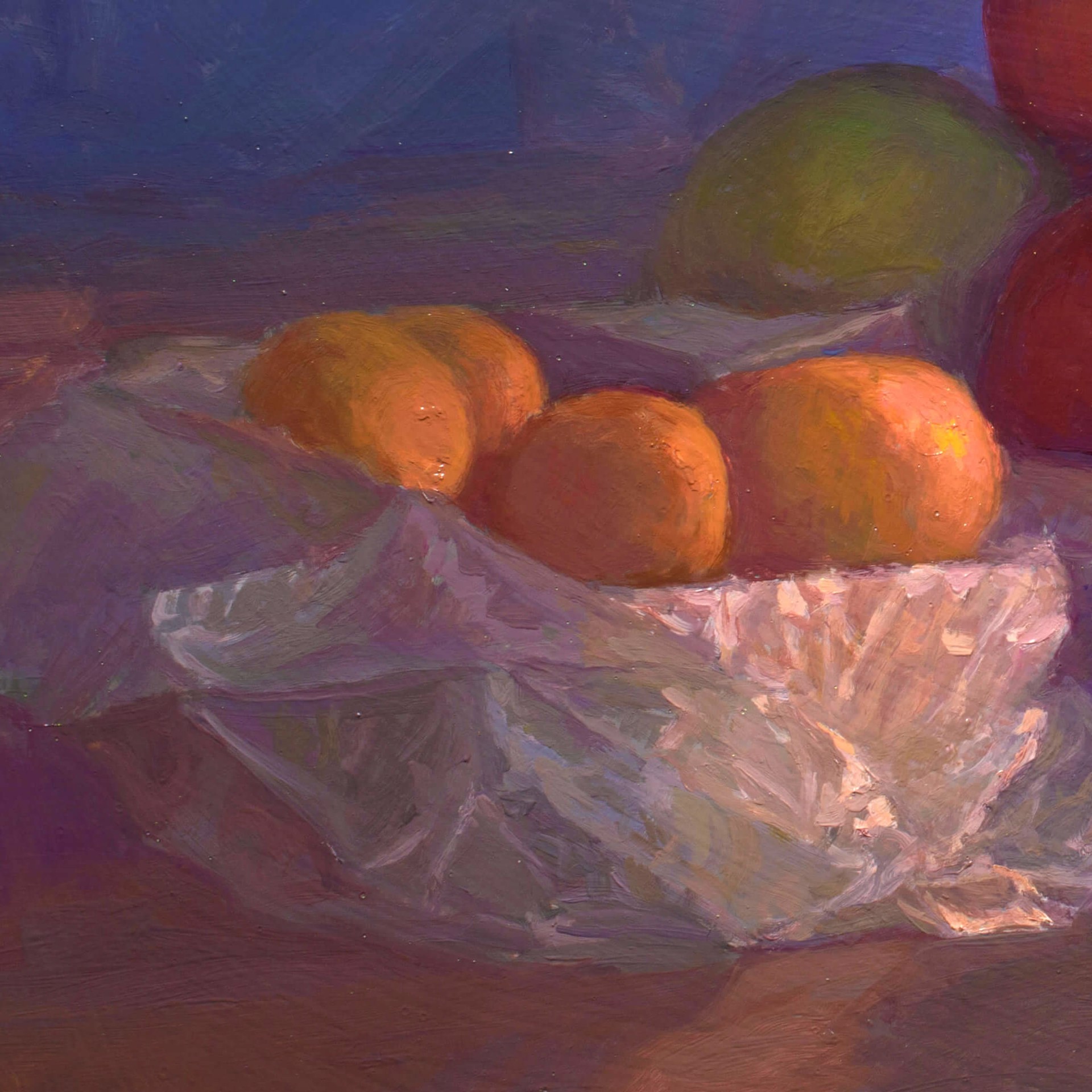 A still life painting of fruit in plastic bags on a wooden surface.