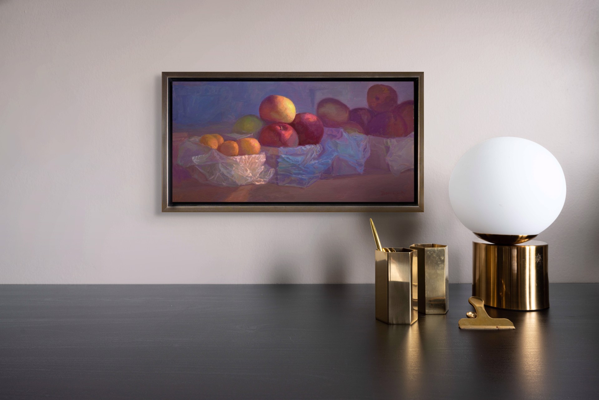 A still life painting of fruit in plastic bags on a wooden surface.