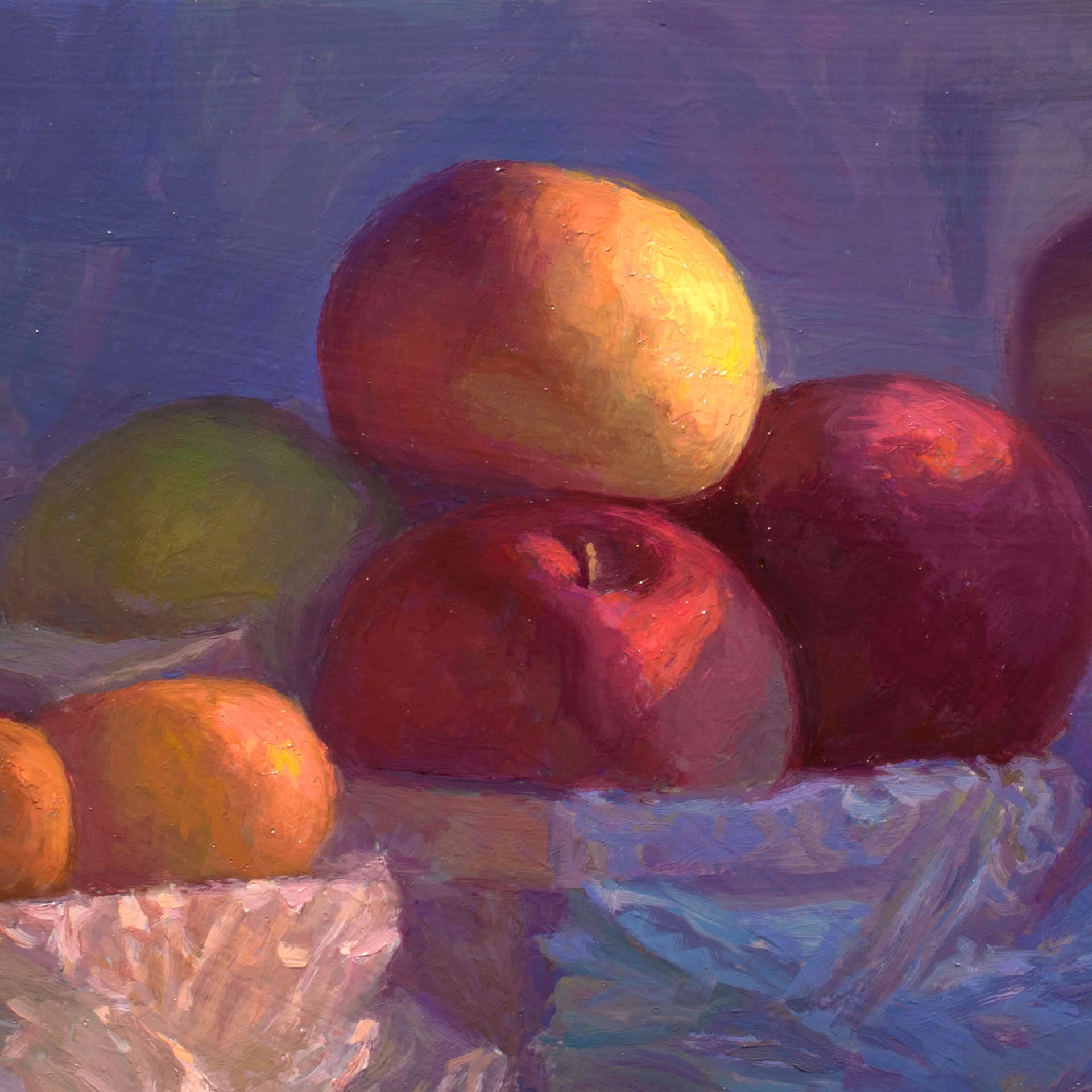 A still life painting of fruit in plastic bags on a wooden surface.