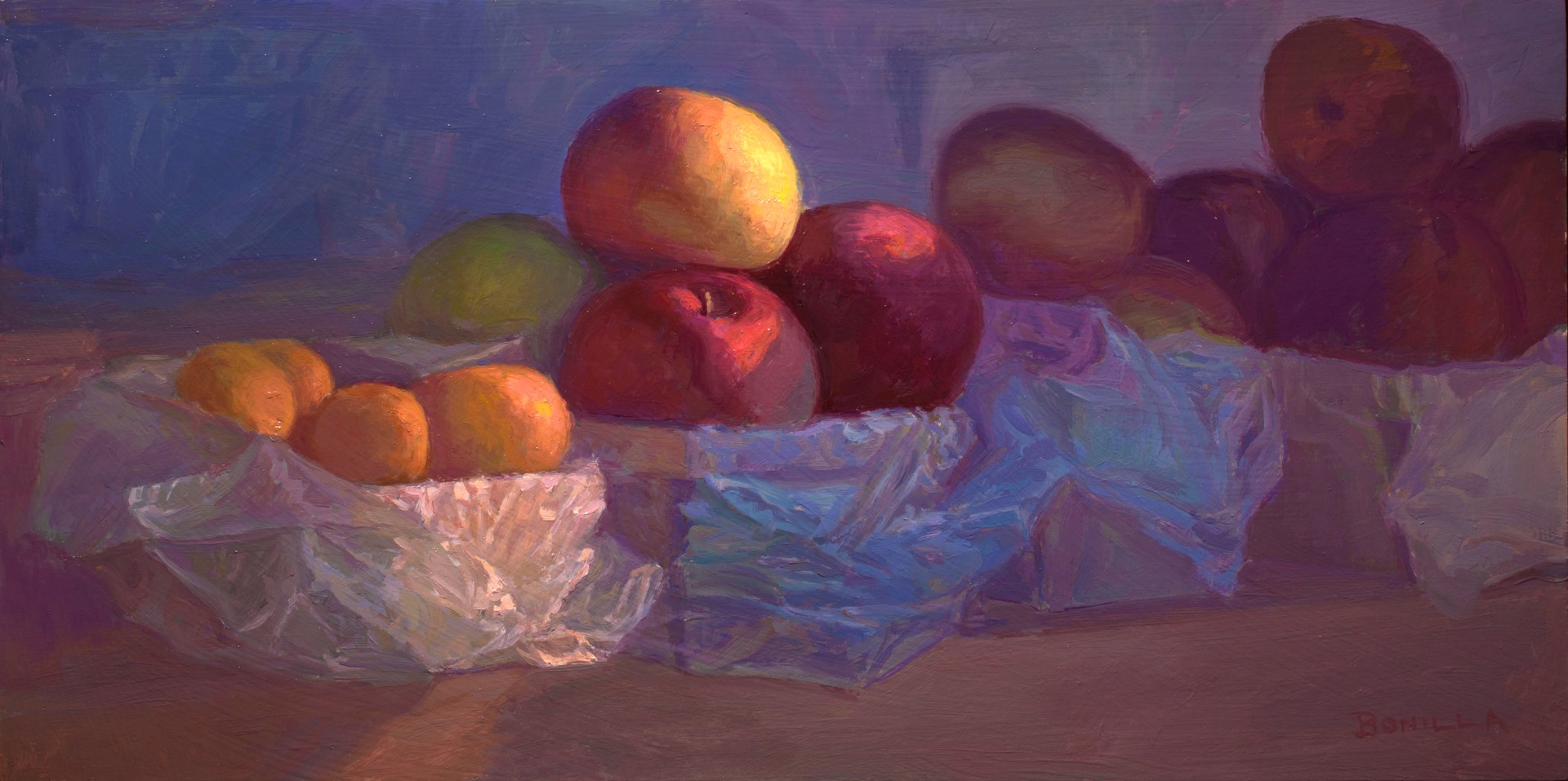 A still life painting of fruit in plastic bags on a wooden surface.