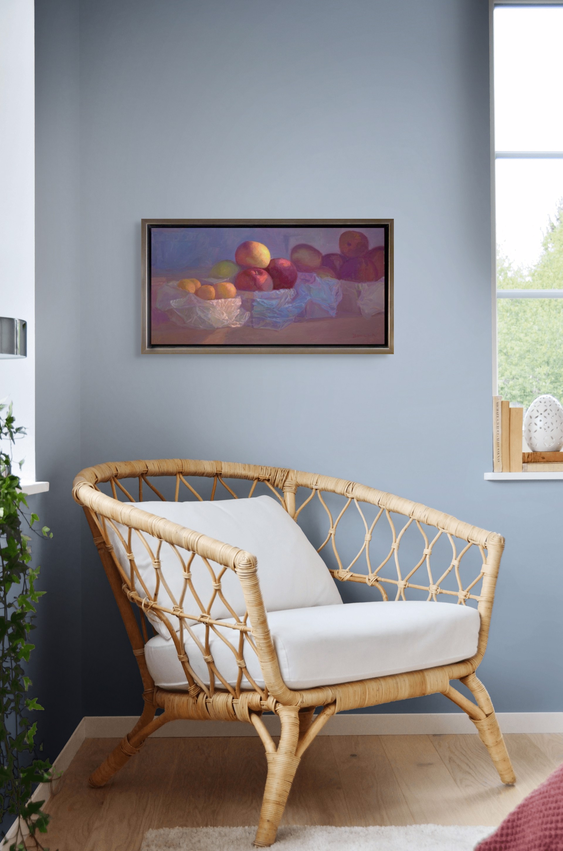 A still life painting of fruit in plastic bags on a wooden surface.