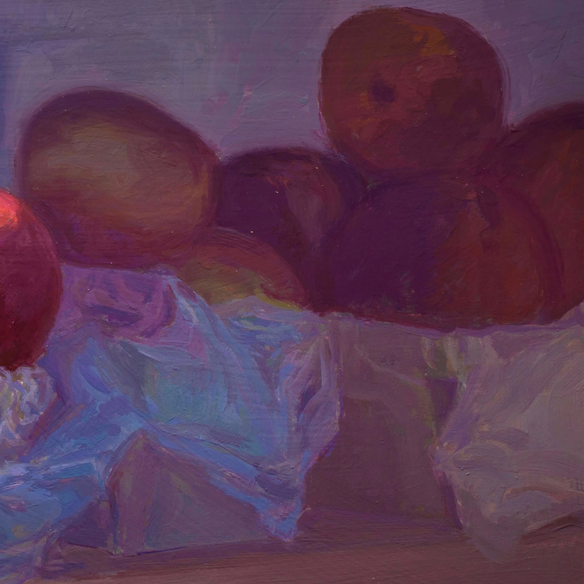 A still life painting of fruit in plastic bags on a wooden surface.