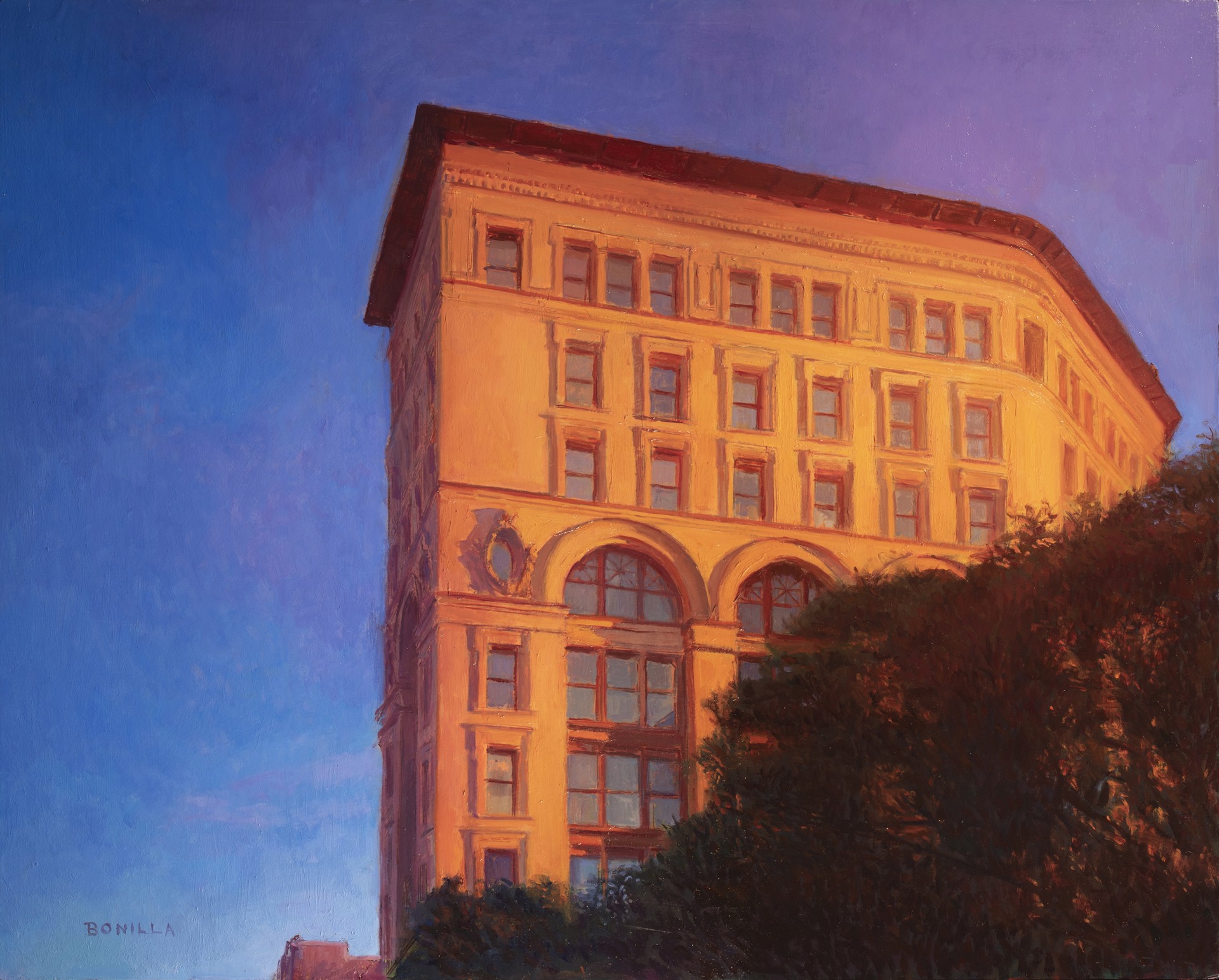 A painting of a tall building with a blue sky in the background.