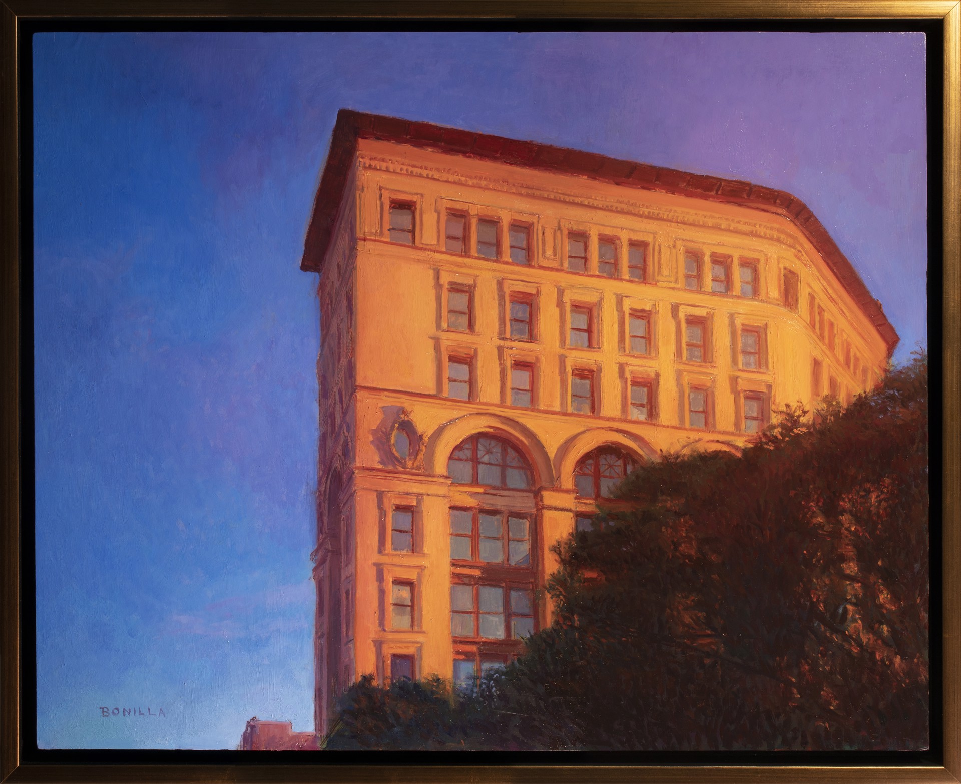 A painting of a tall building with a blue sky in the background.