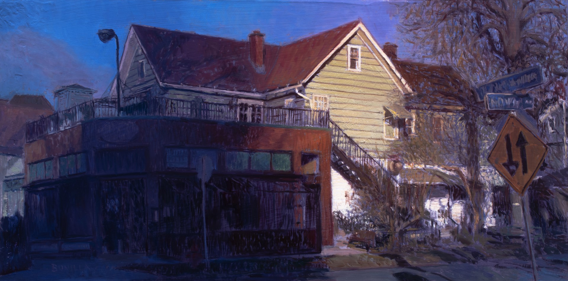 A painting of a house on a city street.