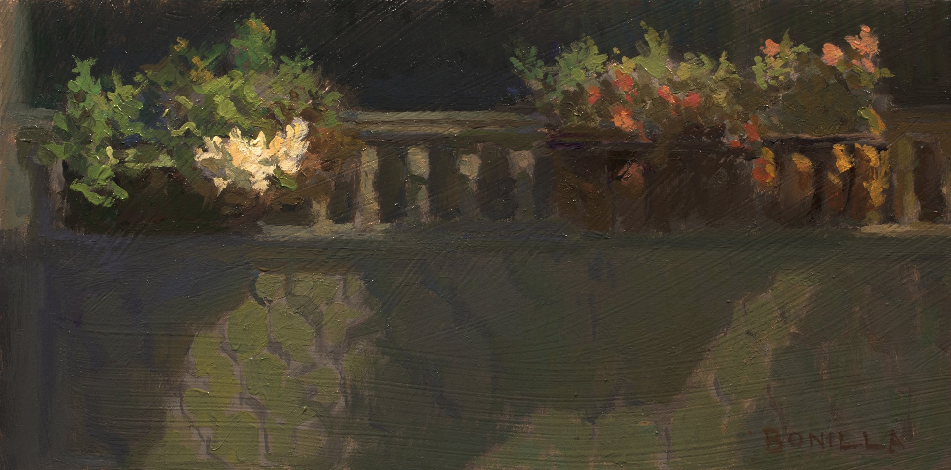 A painting of flowers on a balcony at night.
