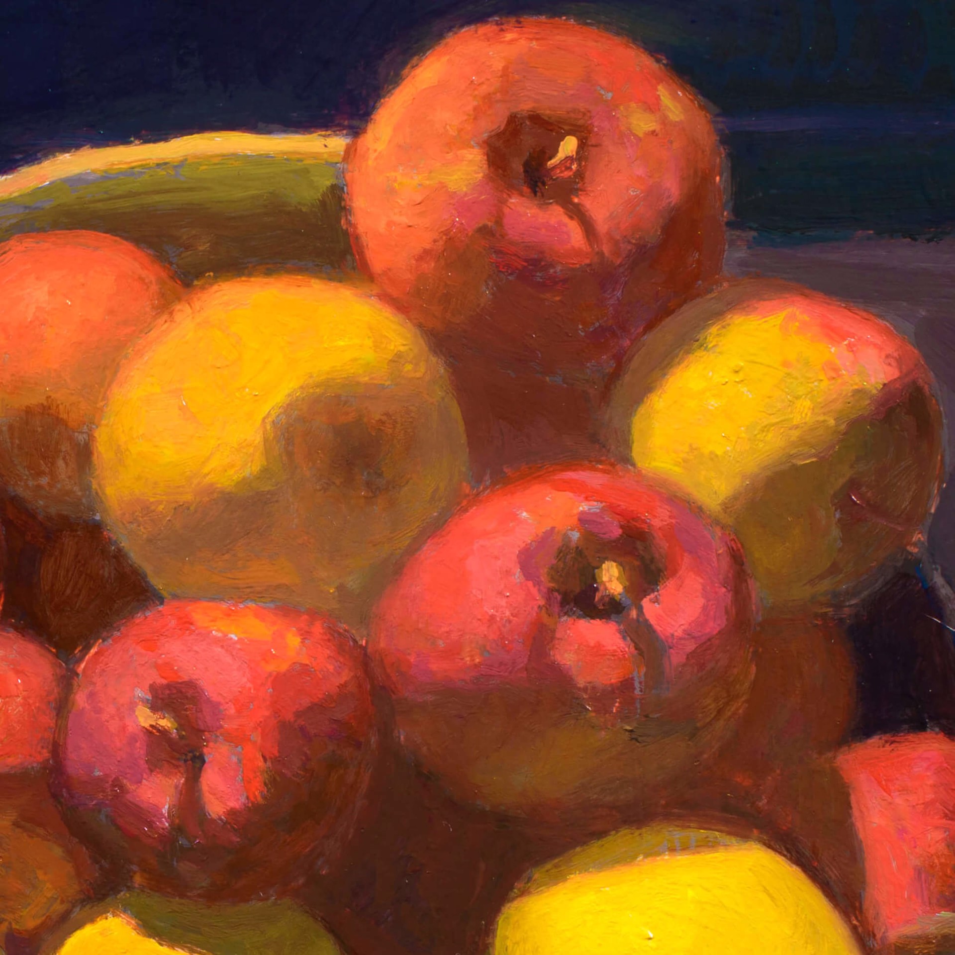 A painting of apples and lemons in a bowl on a table.