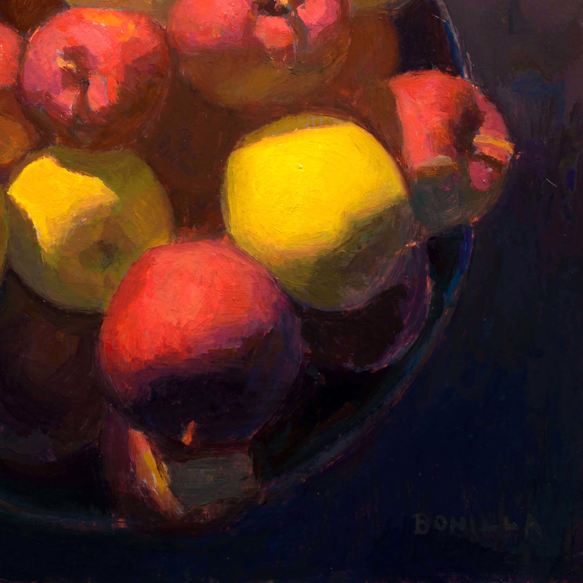 A painting of apples and lemons in a bowl on a table.