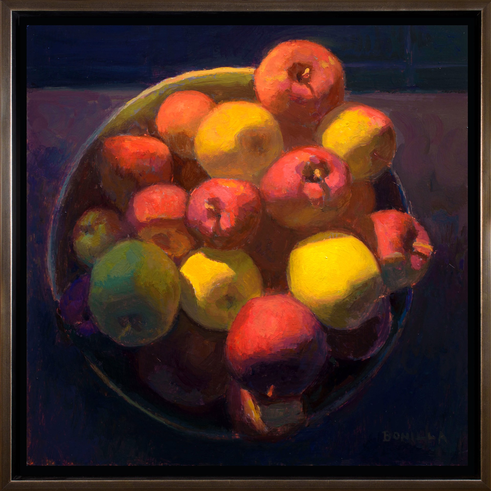 A painting of apples and lemons in a bowl on a table.