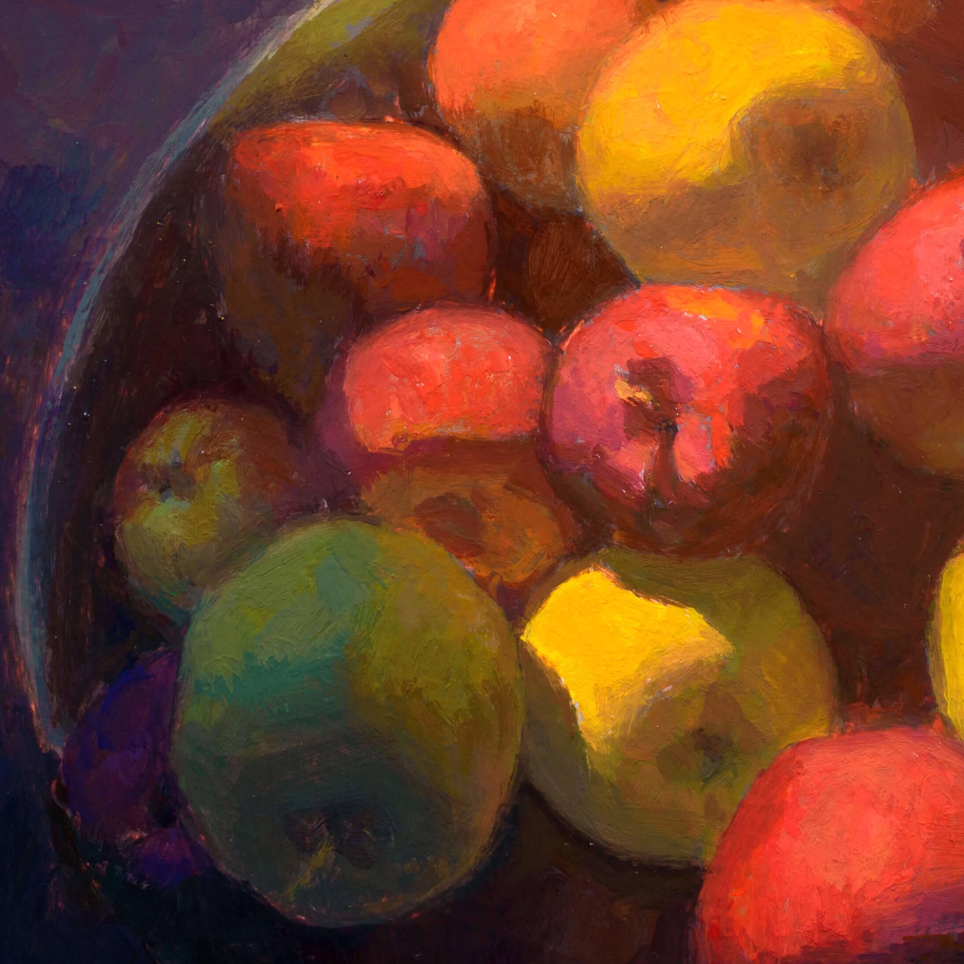 A painting of apples and lemons in a bowl on a table.