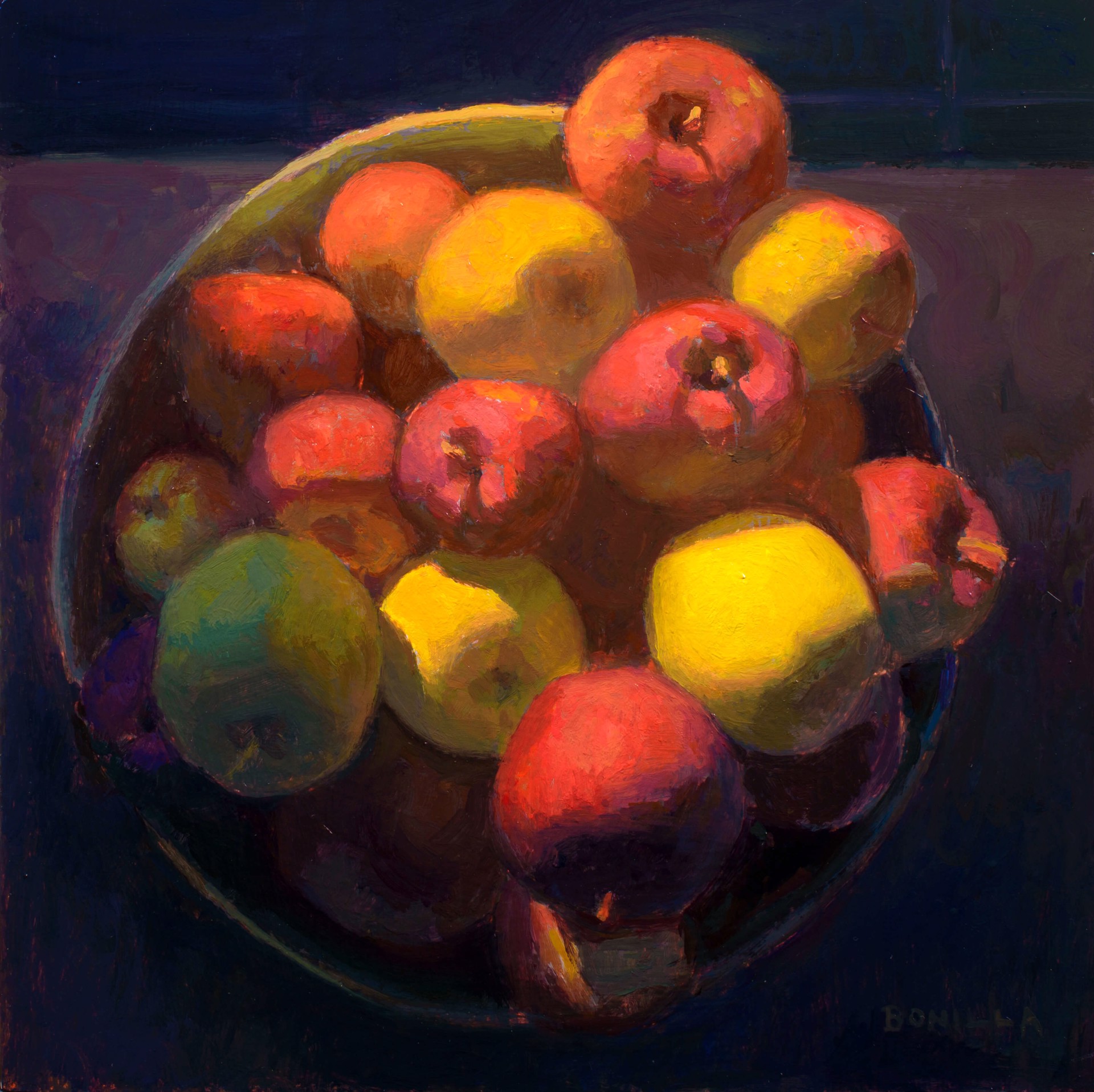 A painting of apples and lemons in a bowl on a table.