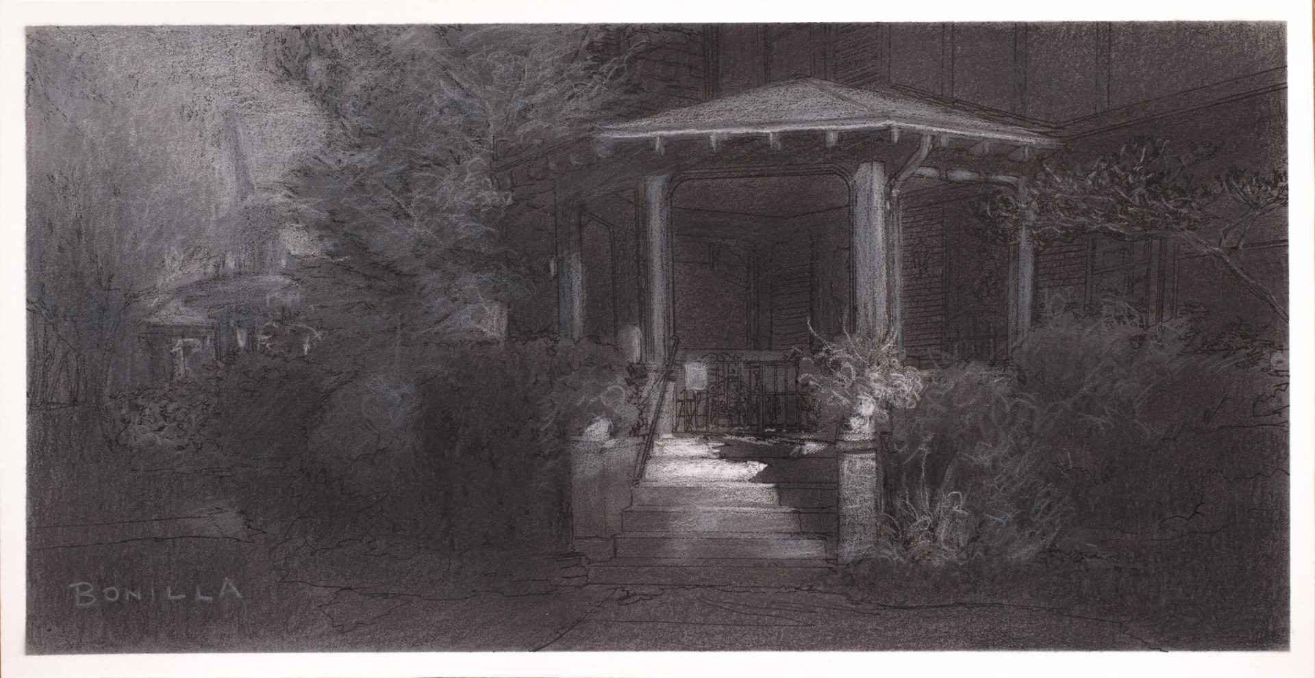 A monochromatic charcoal drawing of a quiet garden gazebo at twilight.