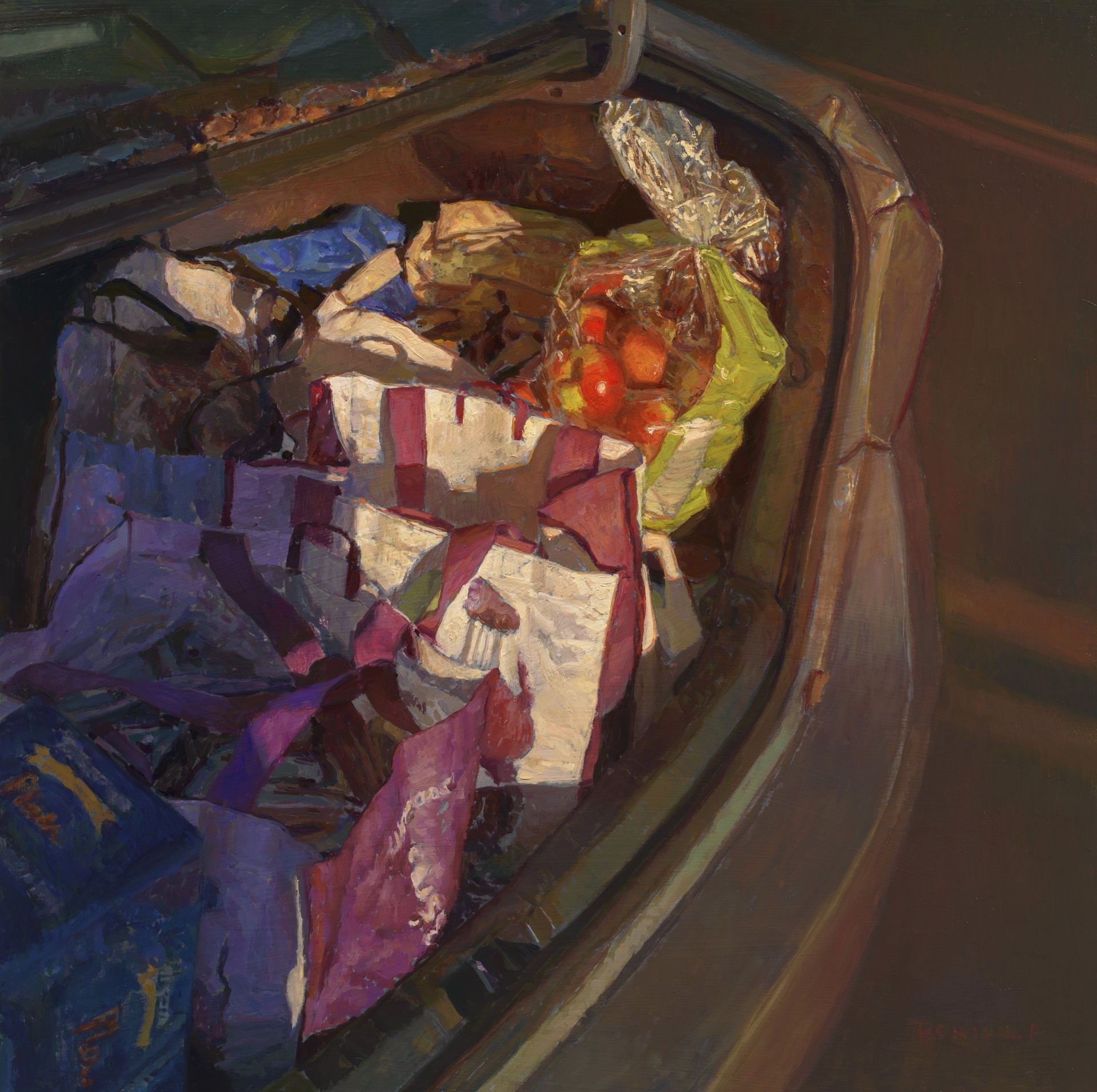 A painting of a trash can filled with trash.