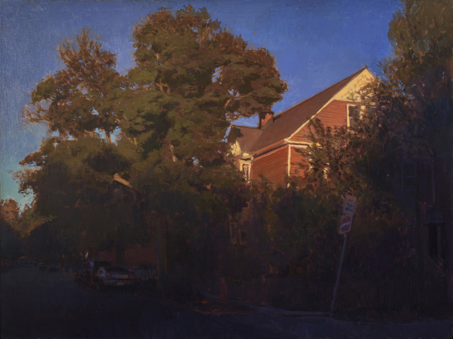 A quiet suburban street scene bathed in the warm, golden light of late afternoon.