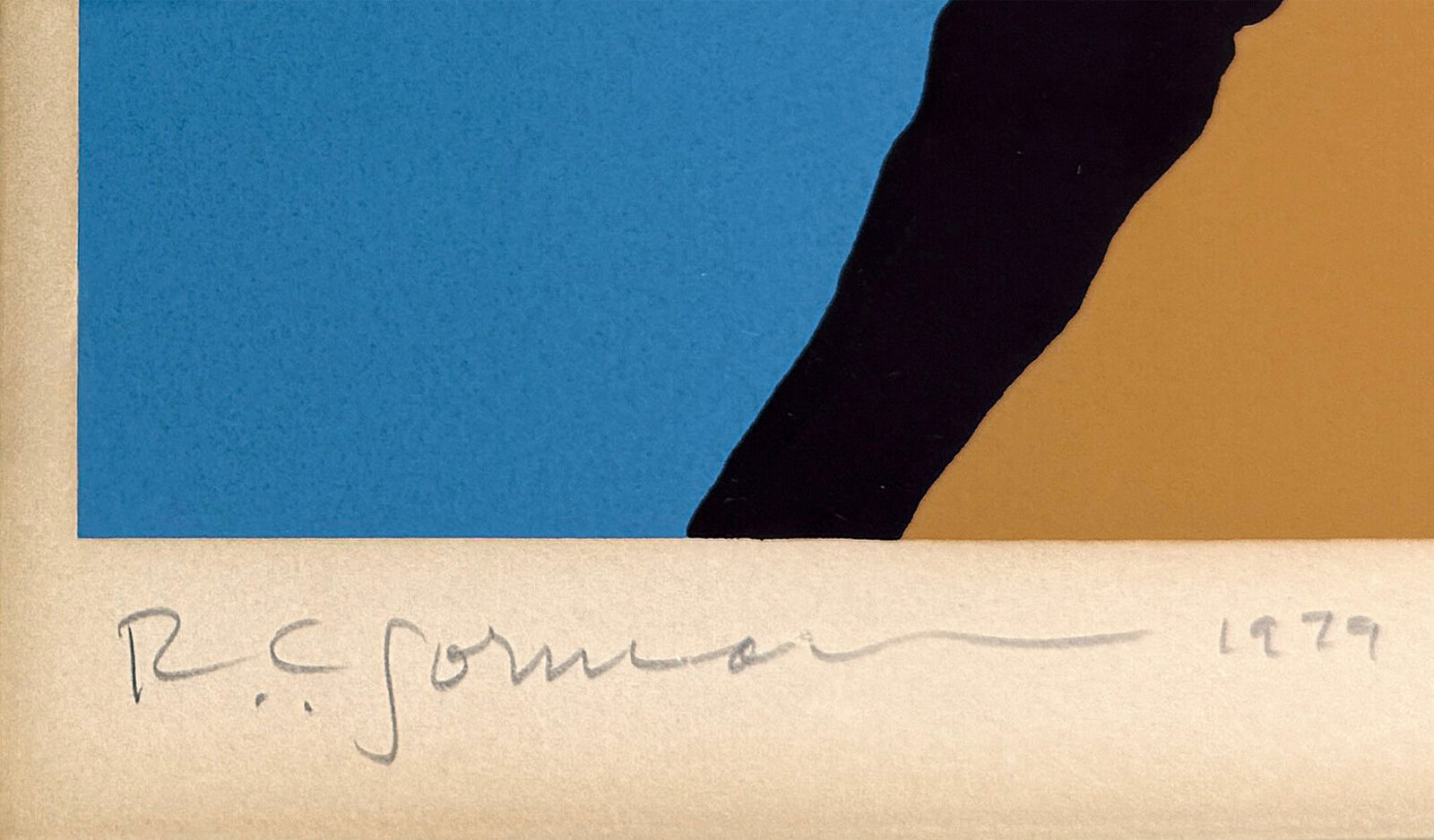 A graphic print of two figures in a stylized embrace against a solid blue background.