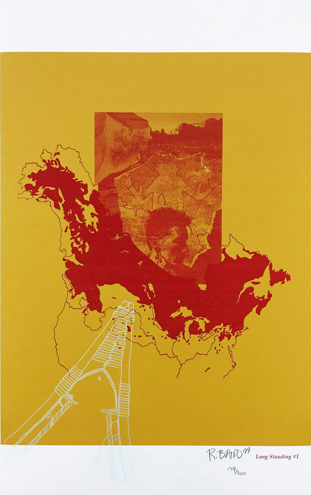 A yellow and red map of the United States of America on a yellow background.