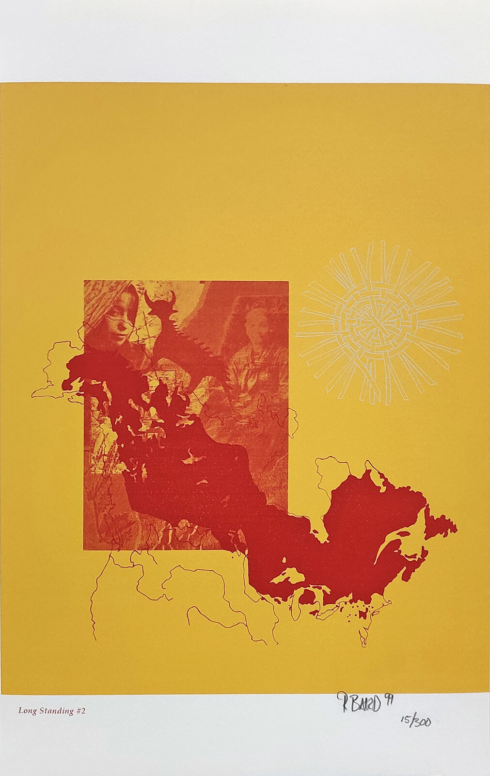 A yellow and red poster with a picture of a man and a woman.