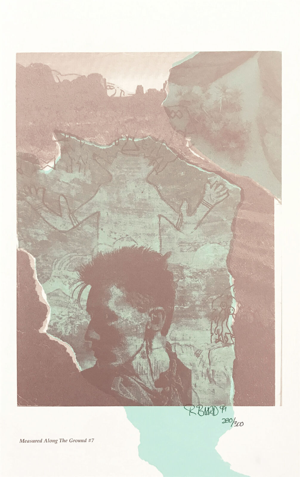 A collage of a man looking out of a window.