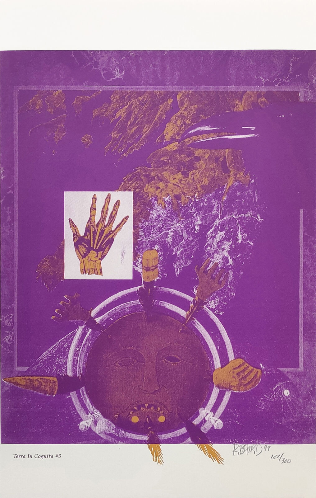 A purple and gold print with a picture of a woman's face and hands.