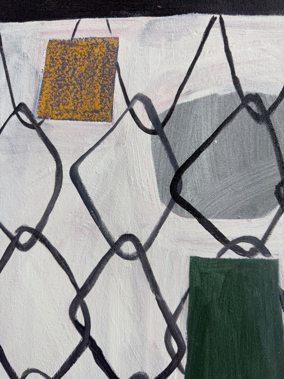 A layered collage-style painting featuring geometric shapes, chain-link patterns, and a city skyline silhouette.