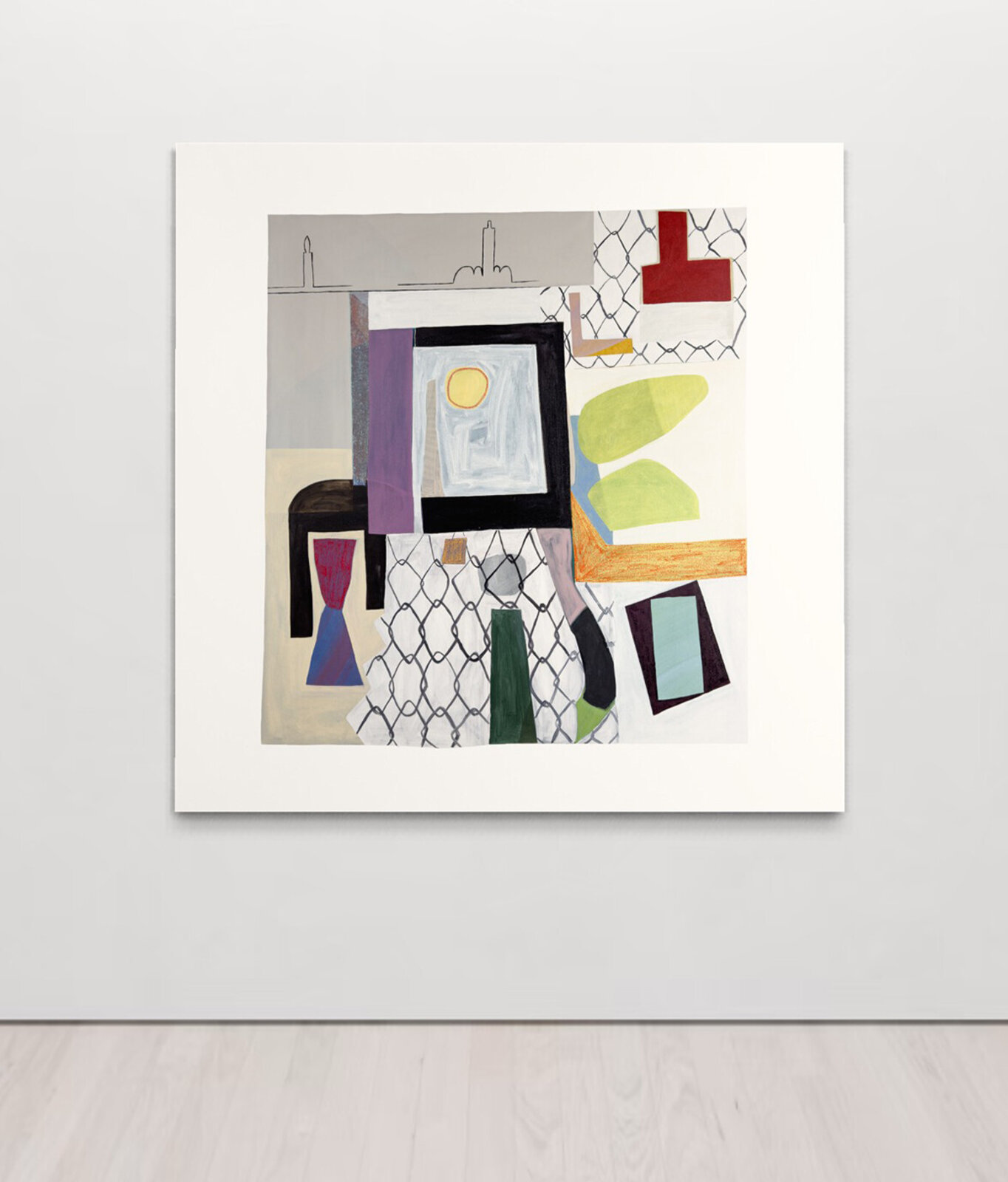 A layered collage-style painting featuring geometric shapes, chain-link patterns, and a city skyline silhouette.