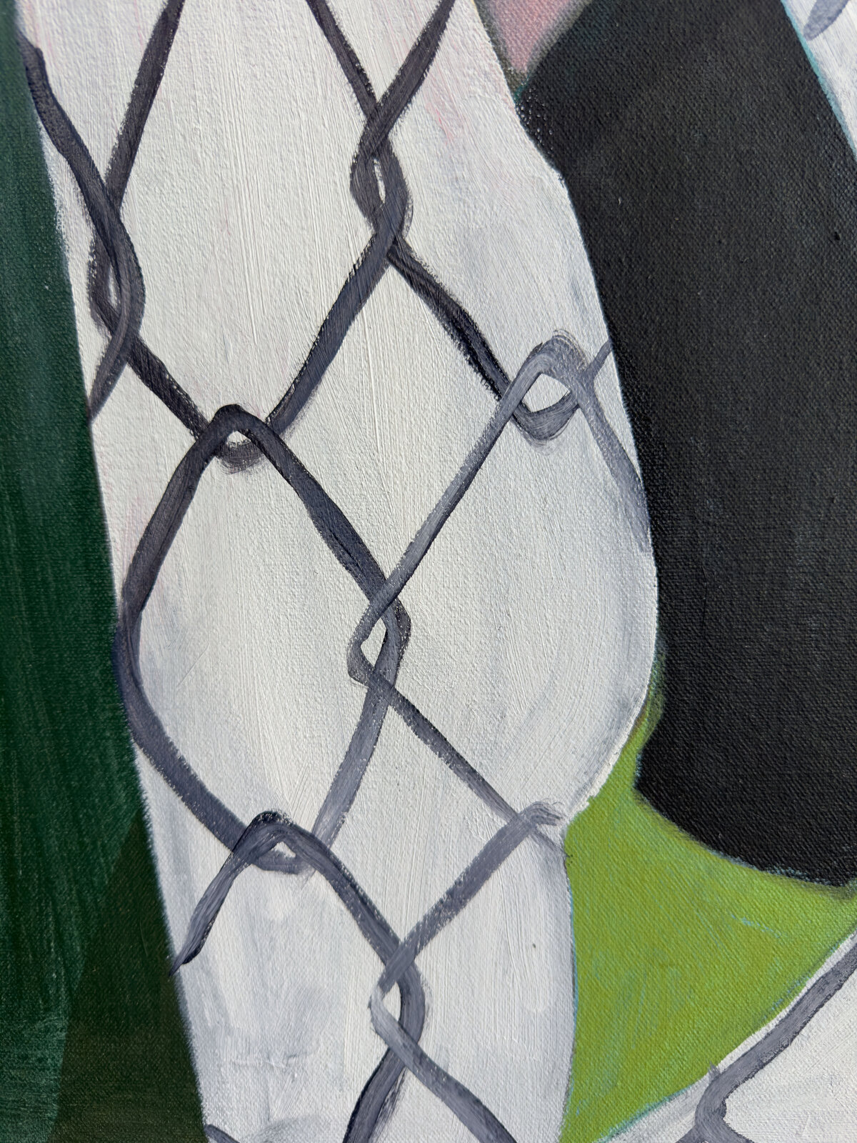 A layered collage-style painting featuring geometric shapes, chain-link patterns, and a city skyline silhouette.