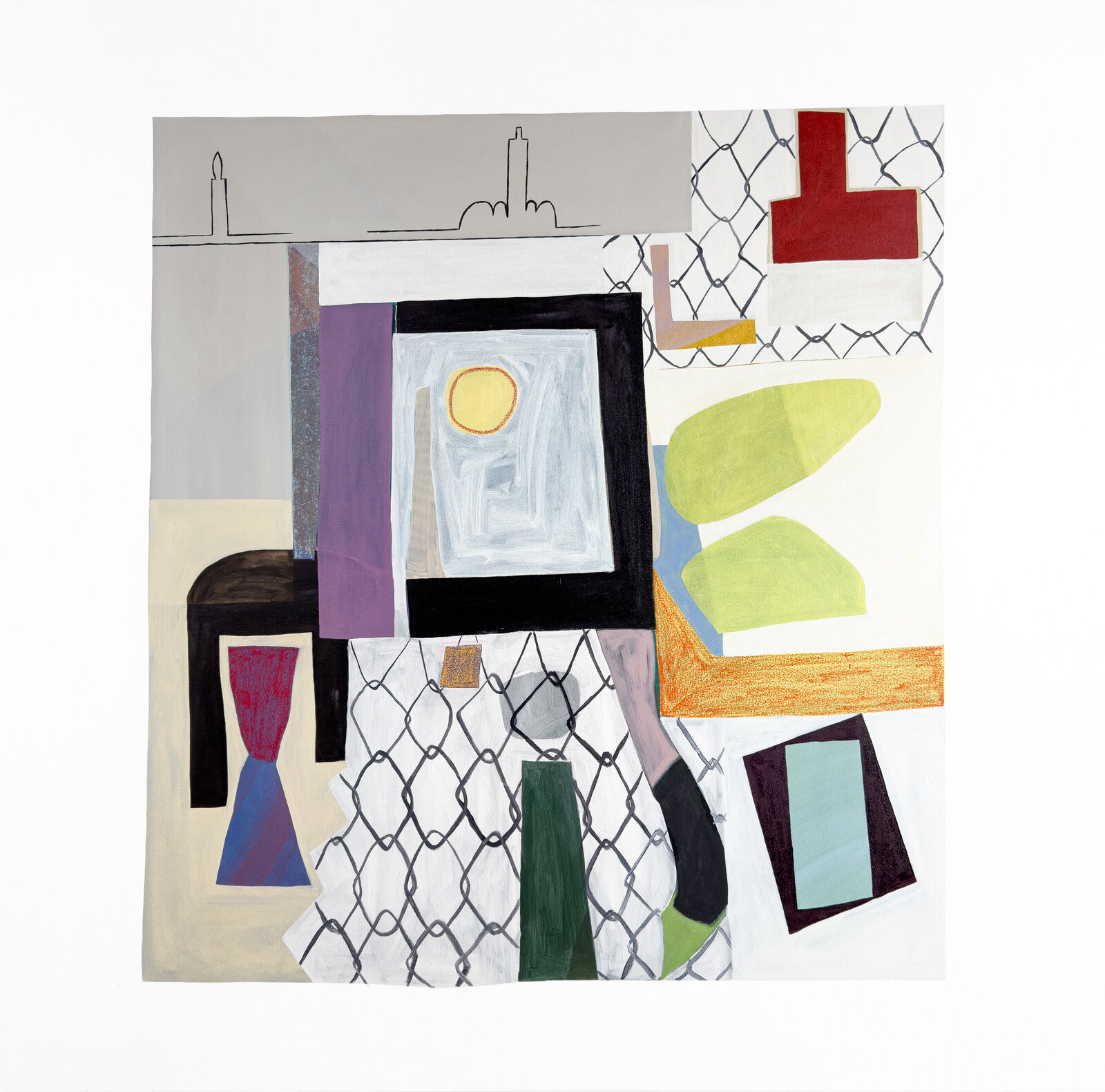 A layered collage-style painting featuring geometric shapes, chain-link patterns, and a city skyline silhouette.
