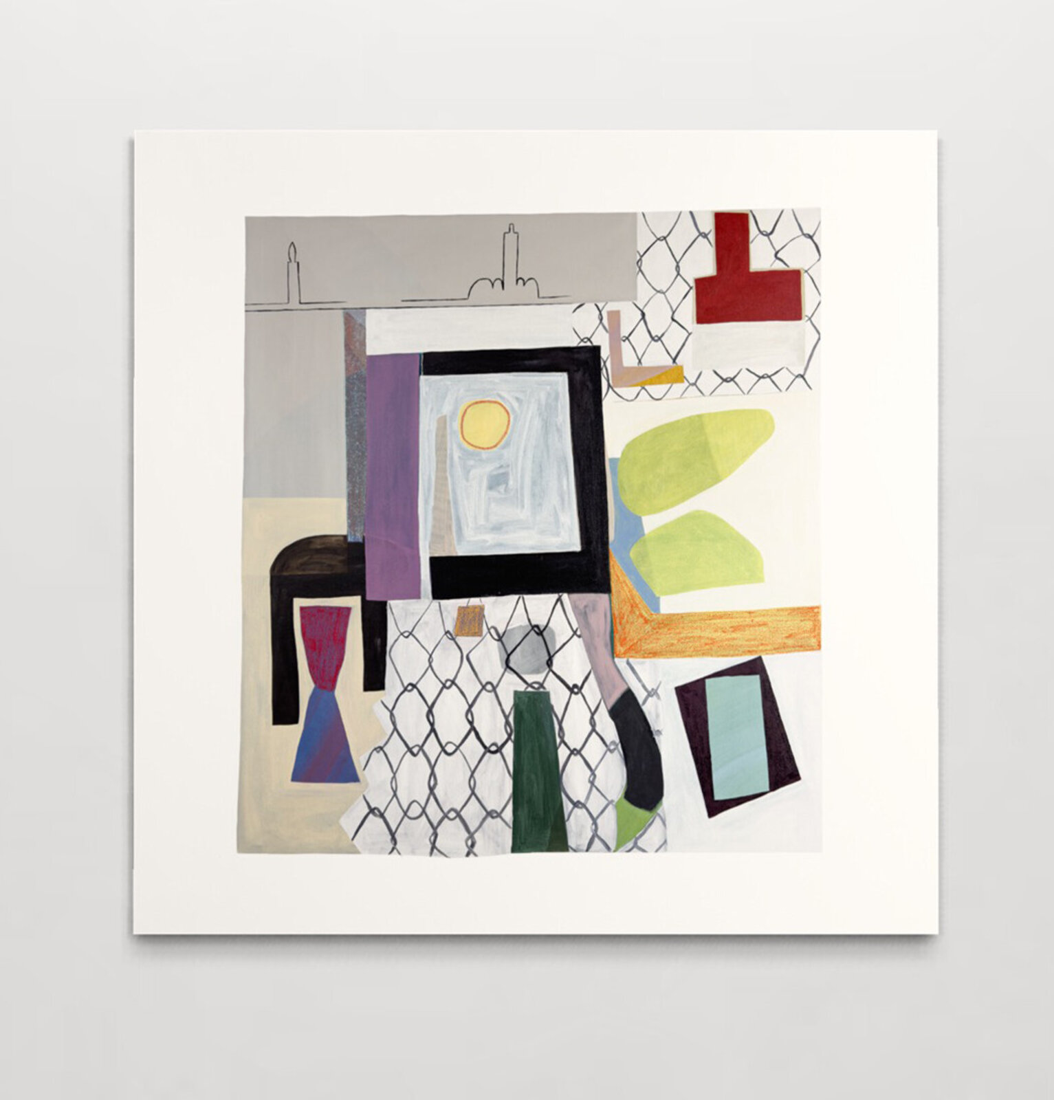 A layered collage-style painting featuring geometric shapes, chain-link patterns, and a city skyline silhouette.