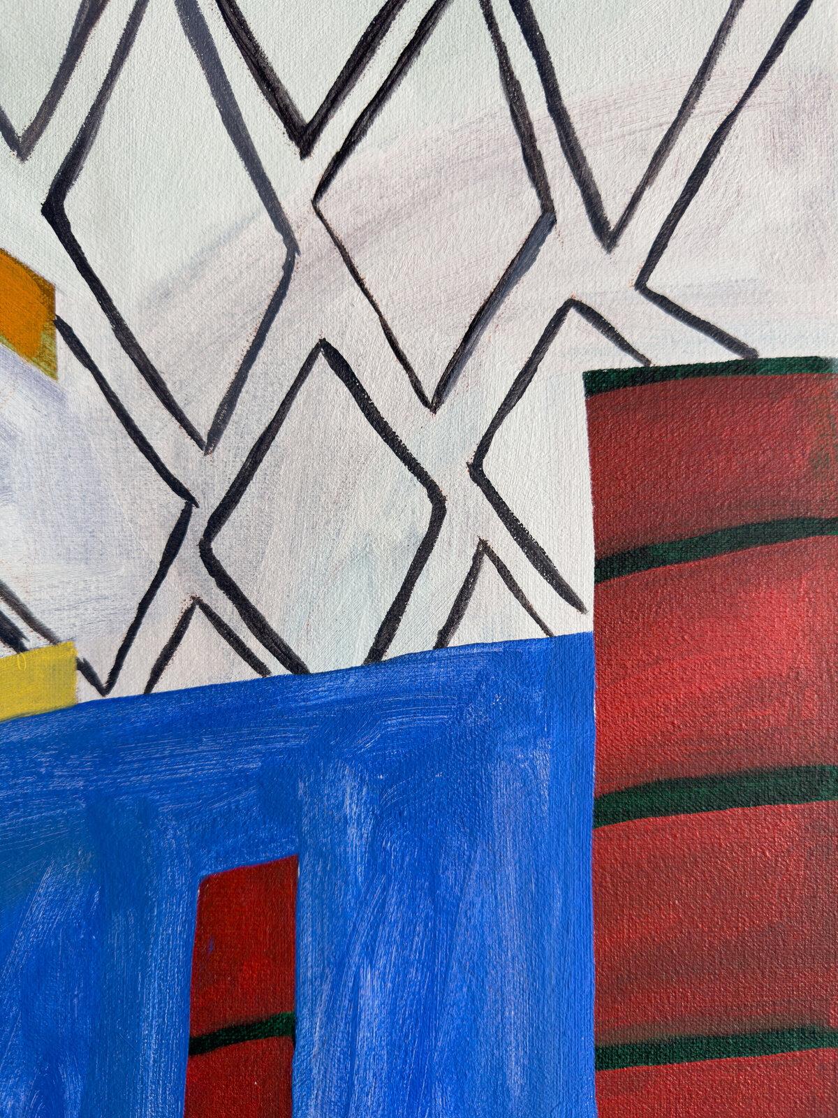 A colorful abstract composition featuring geometric shapes, patterns, and bold colors.