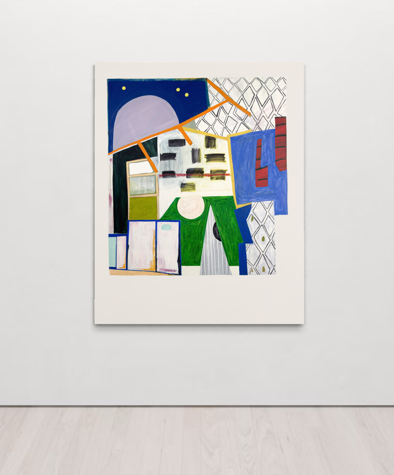 A colorful abstract composition featuring geometric shapes, patterns, and bold colors.