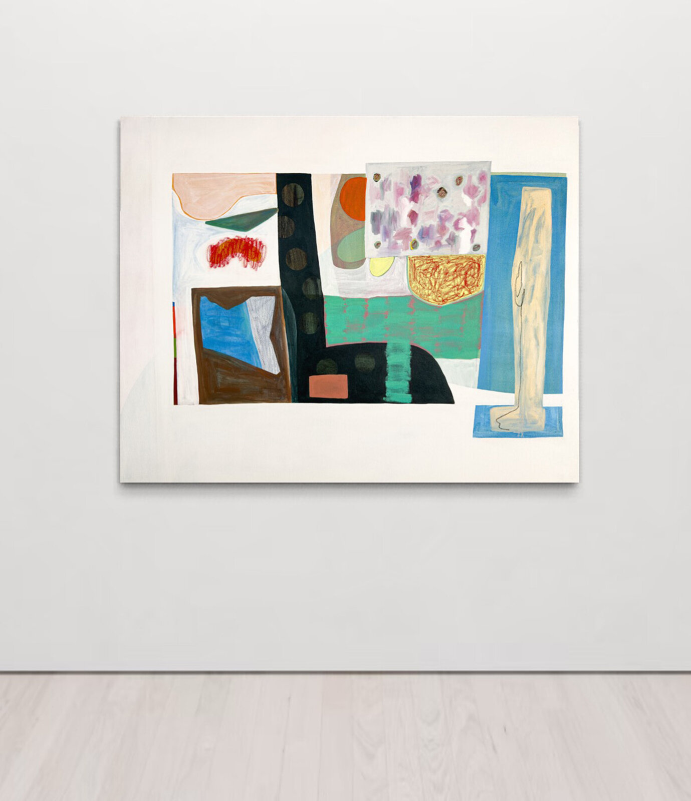 A colorful abstract composition featuring geometric shapes, organic textures, and a mix of bold and muted colors.