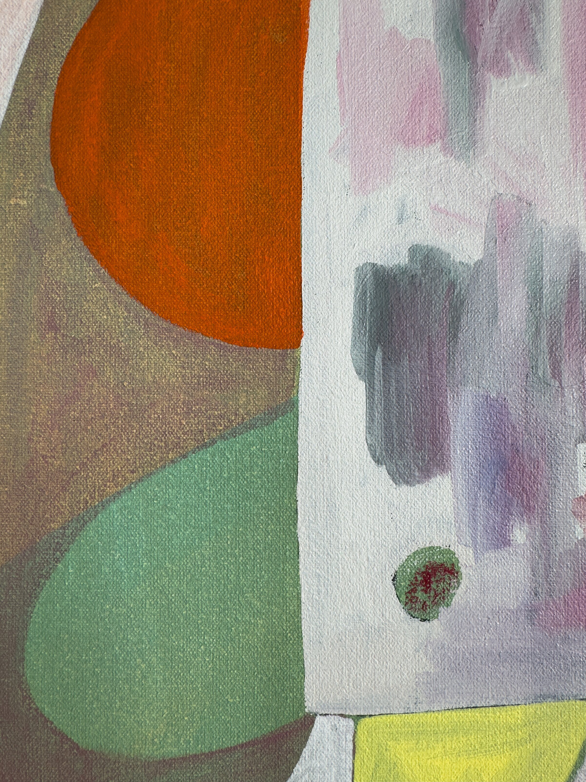 A colorful abstract composition featuring geometric shapes, organic textures, and a mix of bold and muted colors.