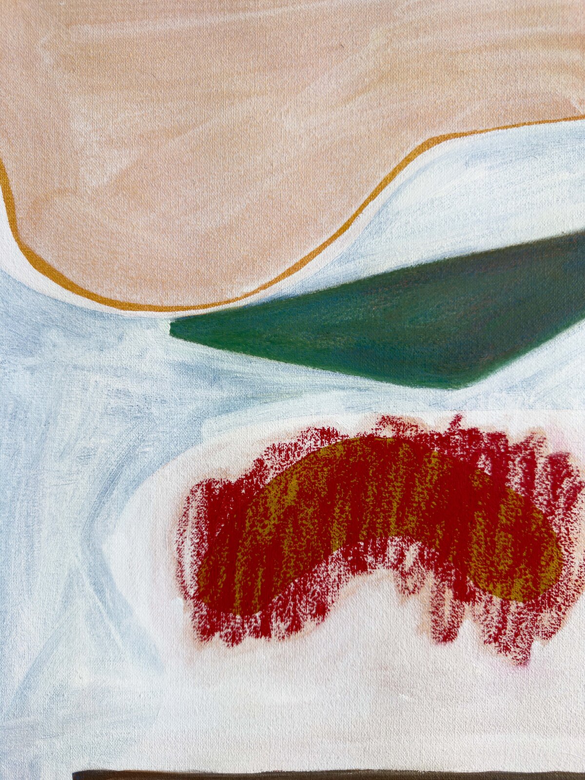 A colorful abstract composition featuring geometric shapes, organic textures, and a mix of bold and muted colors.