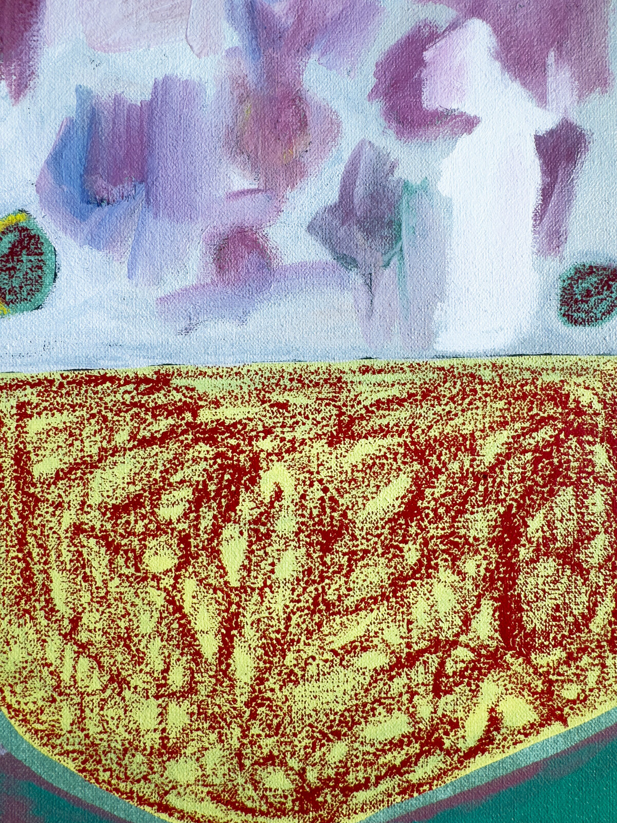 A colorful abstract composition featuring geometric shapes, organic textures, and a mix of bold and muted colors.
