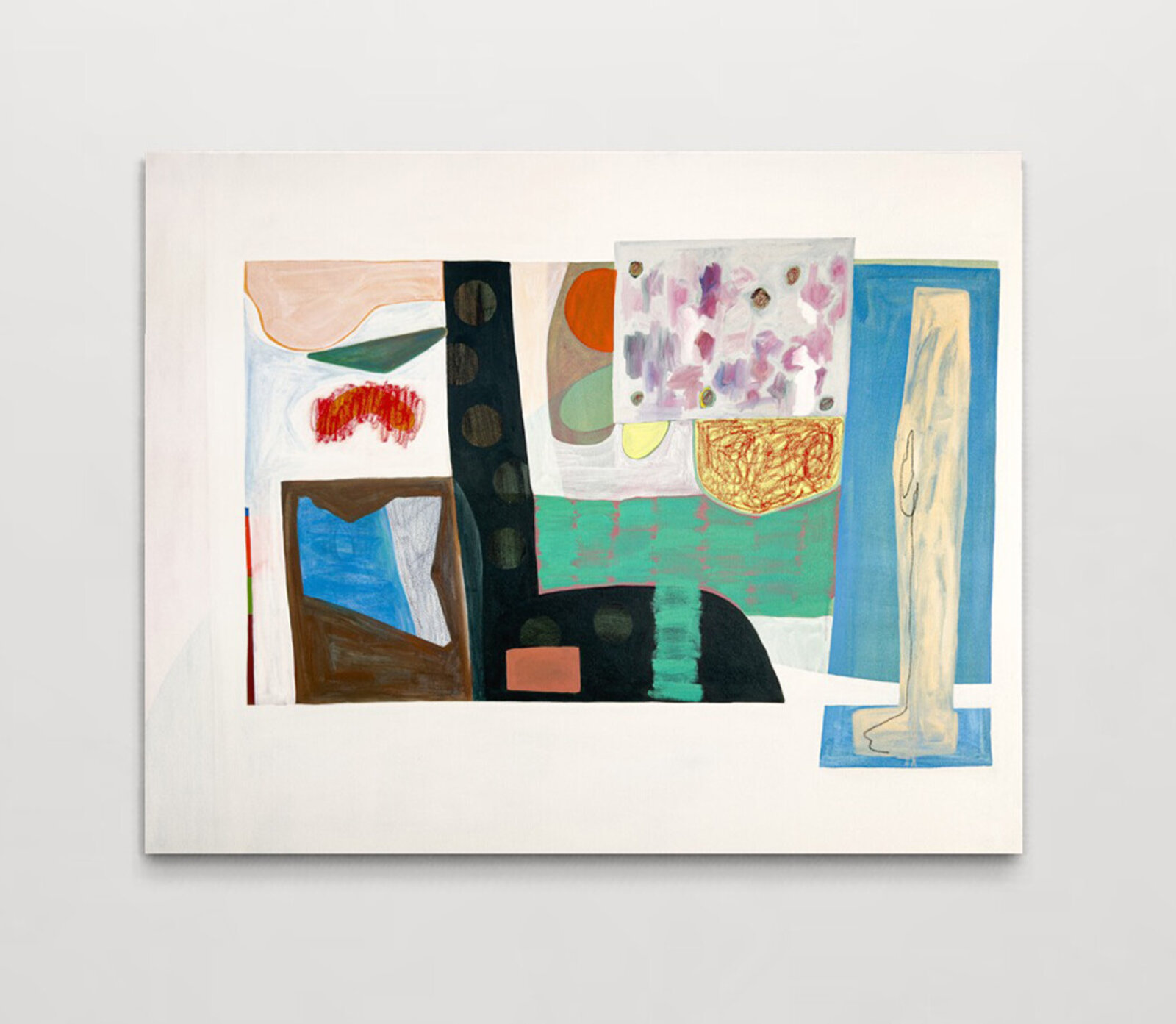 A colorful abstract composition featuring geometric shapes, organic textures, and a mix of bold and muted colors.