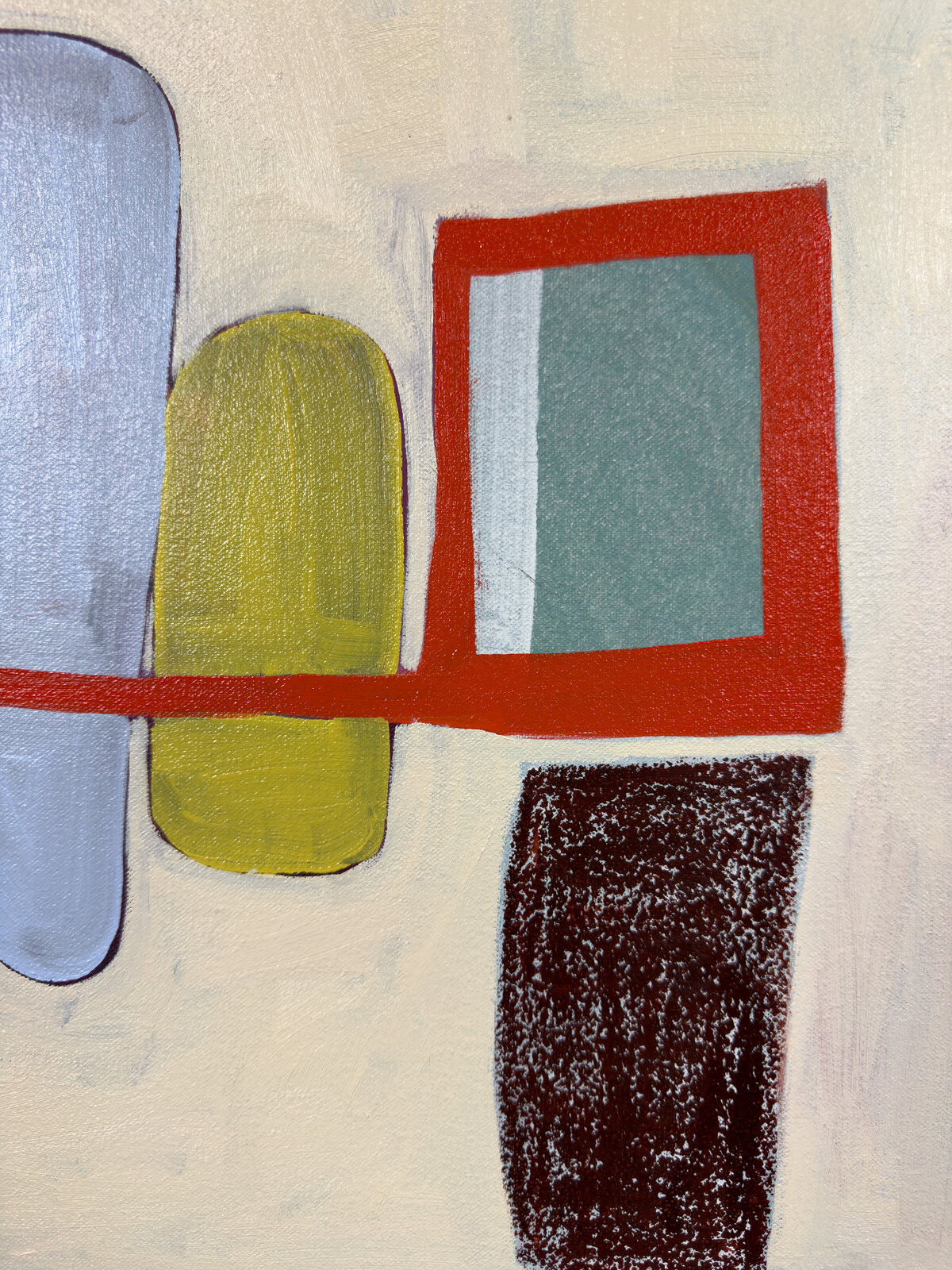 An abstract composition featuring geometric shapes and vibrant colors within a structured, framed layout.