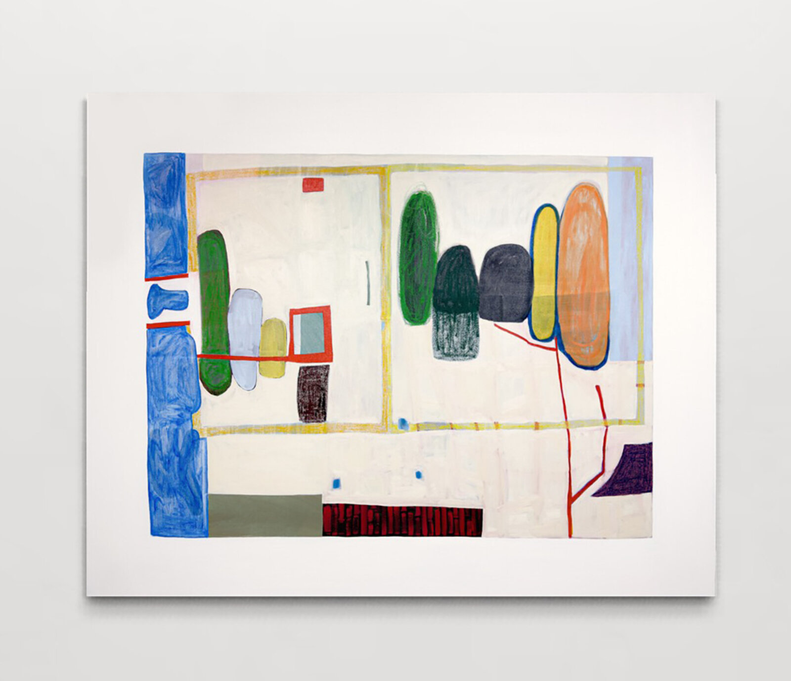 An abstract composition featuring geometric shapes and vibrant colors within a structured, framed layout.