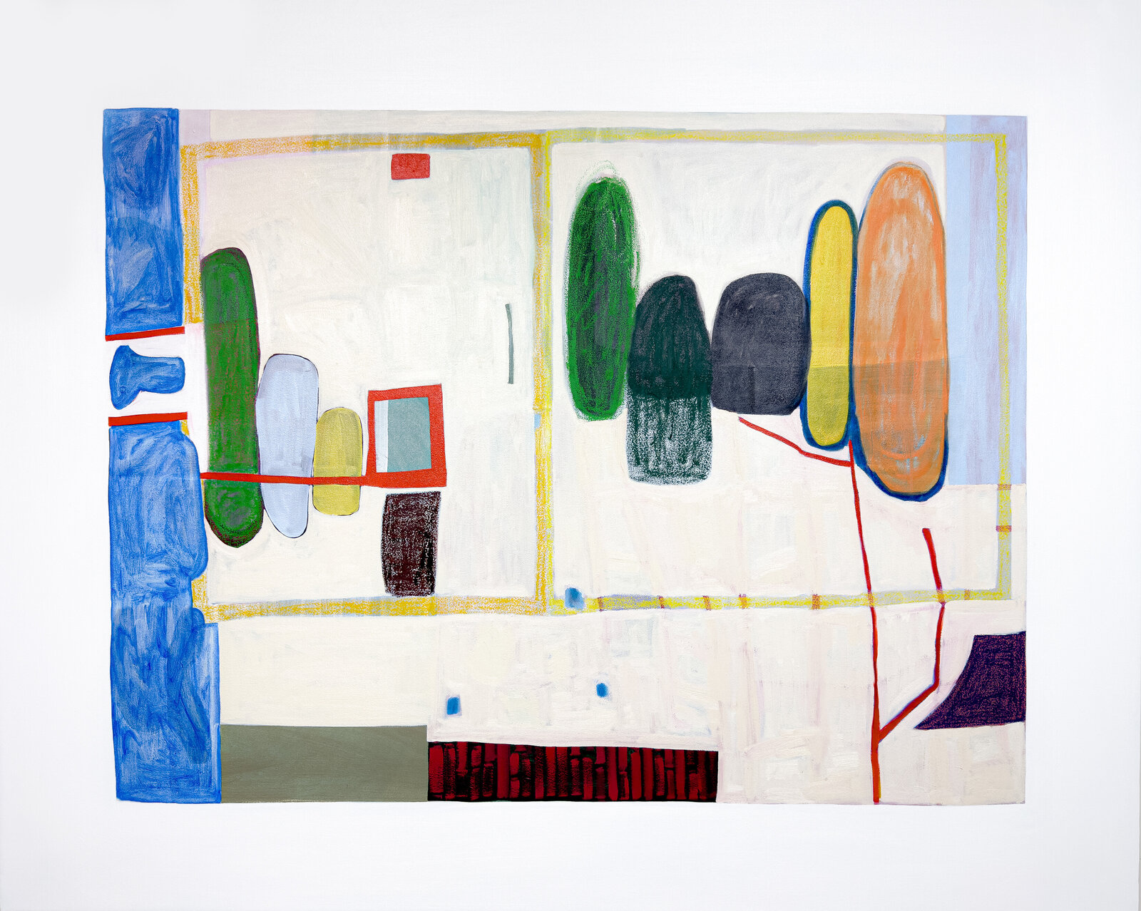 An abstract composition featuring geometric shapes and vibrant colors within a structured, framed layout.